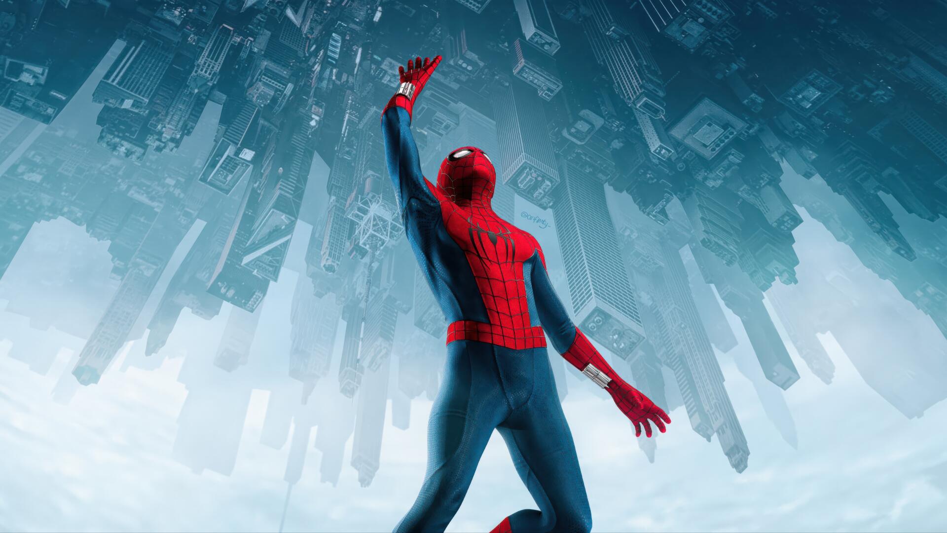 Spider-Man: Brand New Day 4K Ultra HD PC desktop wallpaper — Spider-Man reaching up toward an upside-down city skyline against a pale blue sky.