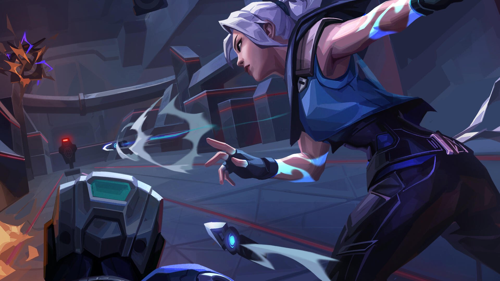 Jett (Valorant) dashing through a neon-lit arena, knives spinning and wind trails behind her, dynamic blue-toned HD PC desktop wallpaper and background