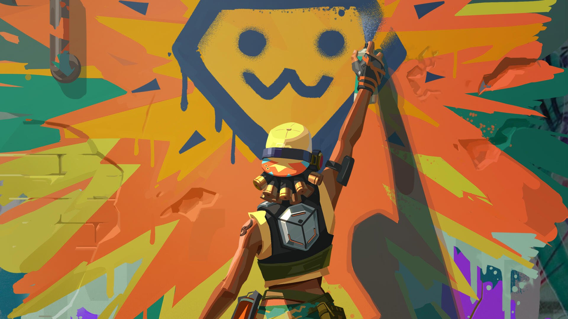 HD PC desktop wallpaper: Raze from Valorant stands before a colorful graffiti explosion, arm raised, wearing a grenade satchel and explosive gear.