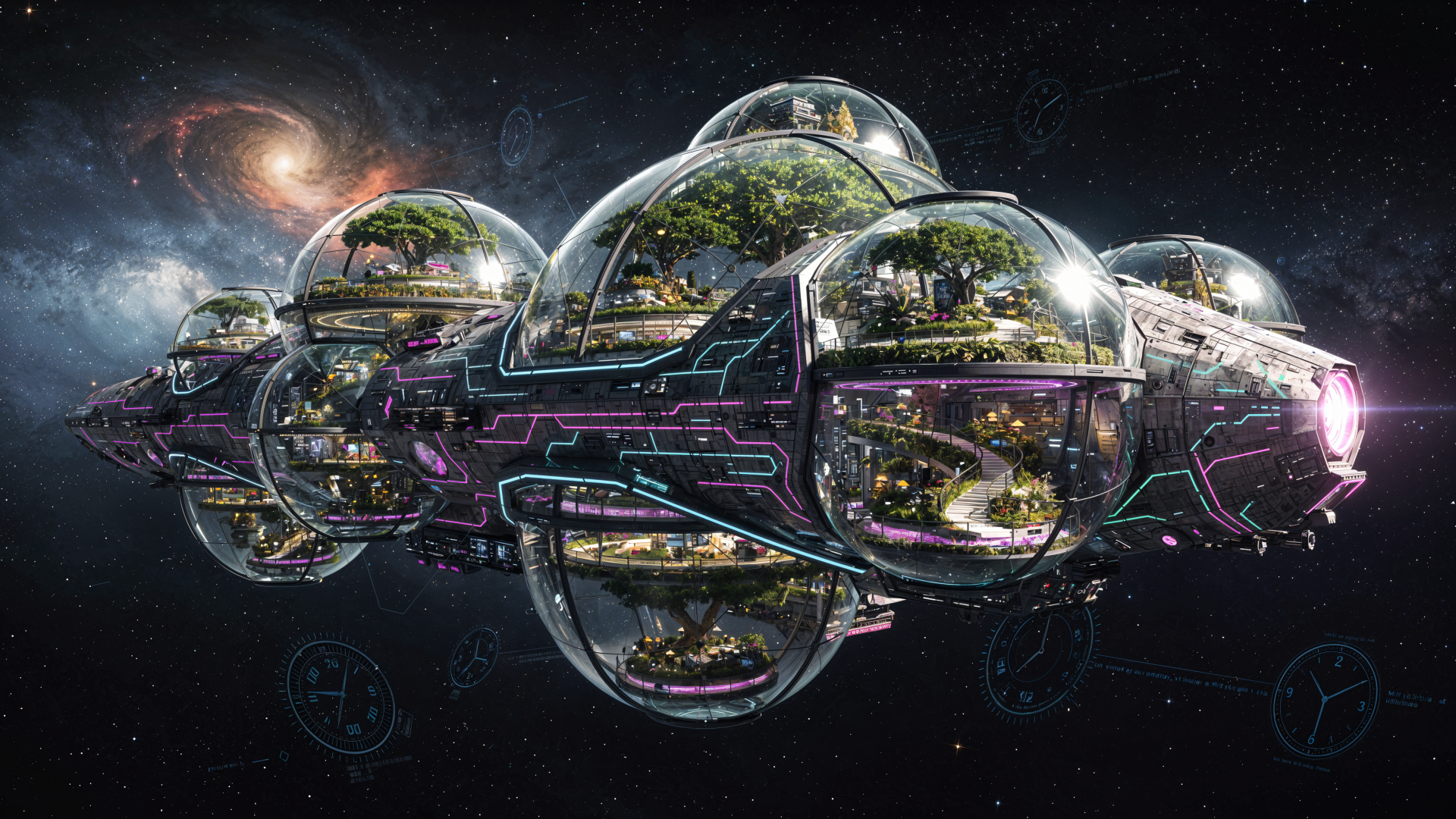 4K Ultra HD PC desktop wallpaper and background showing a futuristic glass-domed spaceship carrying lush ecosystems through a starfield with a distant spiral galaxy.