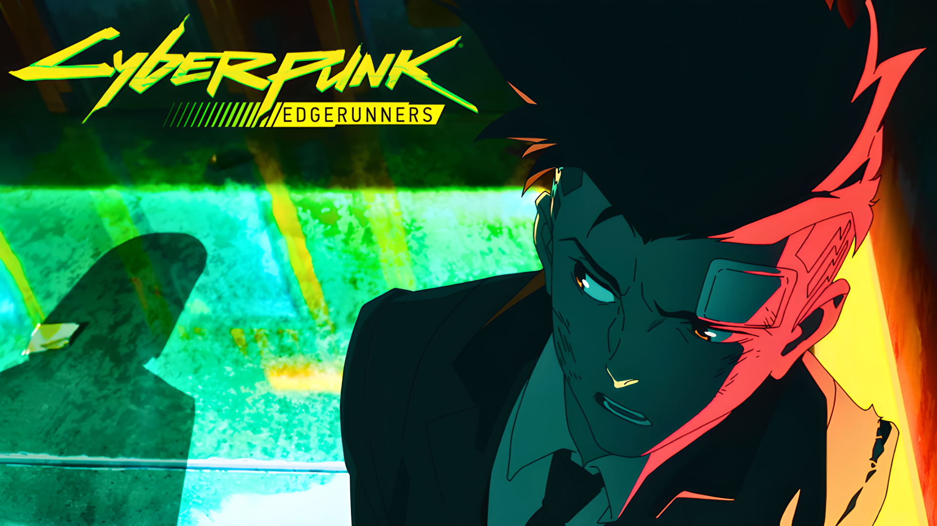 4K Ultra HD PC desktop wallpaper of Cyberpunk: Edgerunners anime protagonist David — neon teal and magenta-lit close-up with cybernetic visor and city reflections, intense expression.