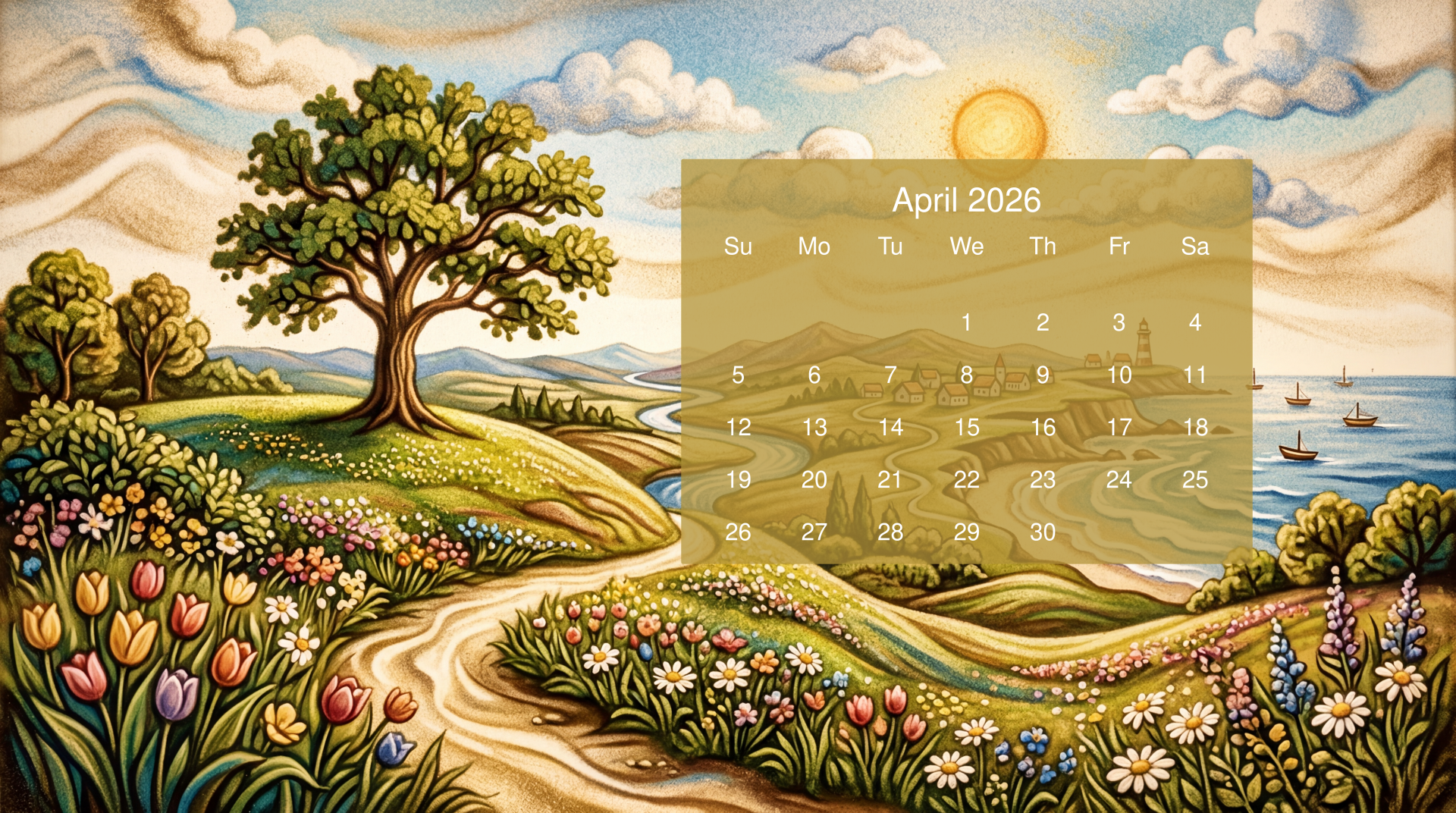 April 2026 calendar on a 5K Ultra HD PC desktop wallpaper: stylized sunlit pastoral landscape with rolling hills, winding path, tulips and wildflowers, a lone tree and distant sailboats.