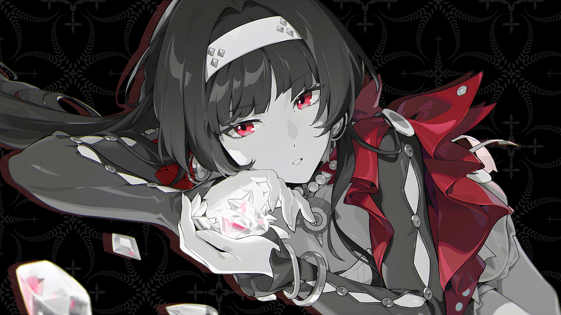 HD PC desktop wallpaper of Astra Yao from Zenless Zone Zero — anime girl with black hair, red eyes and red-black ribbons, holding a glowing crystal against a dark patterned background.