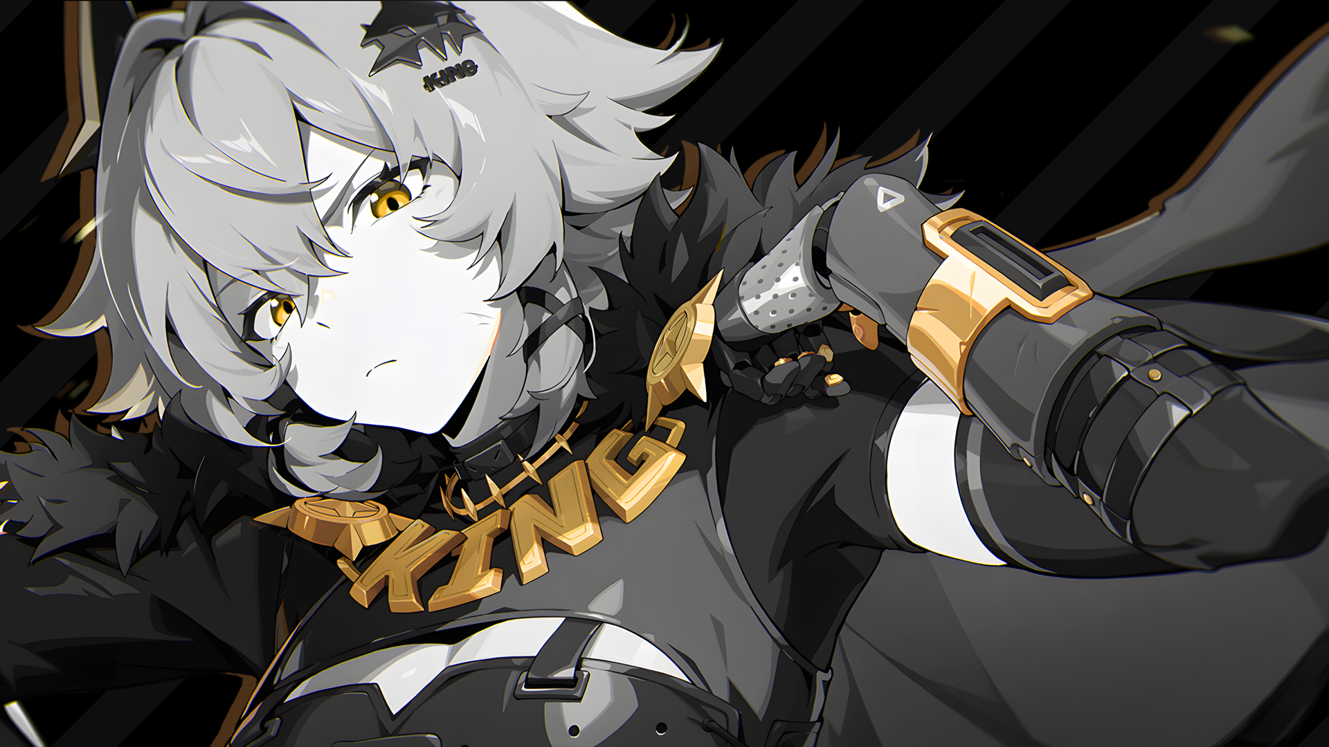 Monochrome HD PC wallpaper of Caesar King from Zenless Zone Zero: anime girl in black armor with gold KING necklace, intense yellow eyes and a dramatic cape.