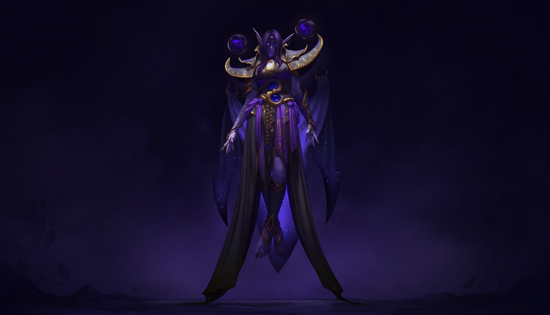 HD PC desktop wallpaper: Xal'atath from World of Warcraft: Midnight — a purple-cloaked, tentacled figure floating in a dark, mystical void; MMORPG desktop background.