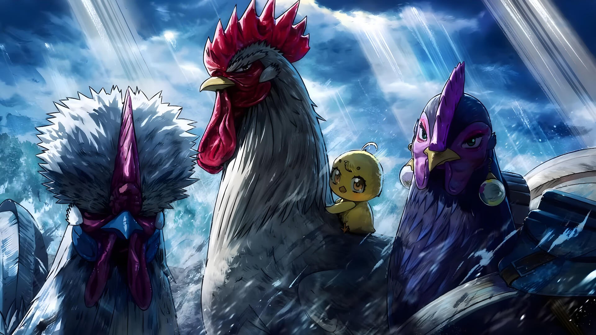 HD PC desktop wallpaper: anime Rooster Fighter — a battle-ready rooster and two chicken allies, a small chick, all radiating glowing aura over a stormy farming background.