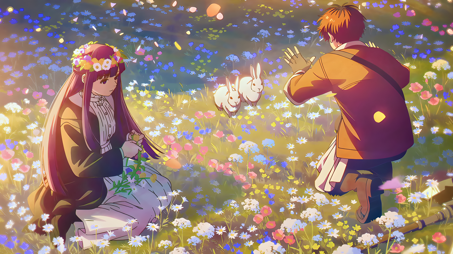 Frieren 2nd Season - Fern and Stark With Flowers and Bunny Playful 4k Wallpaper by LordRango