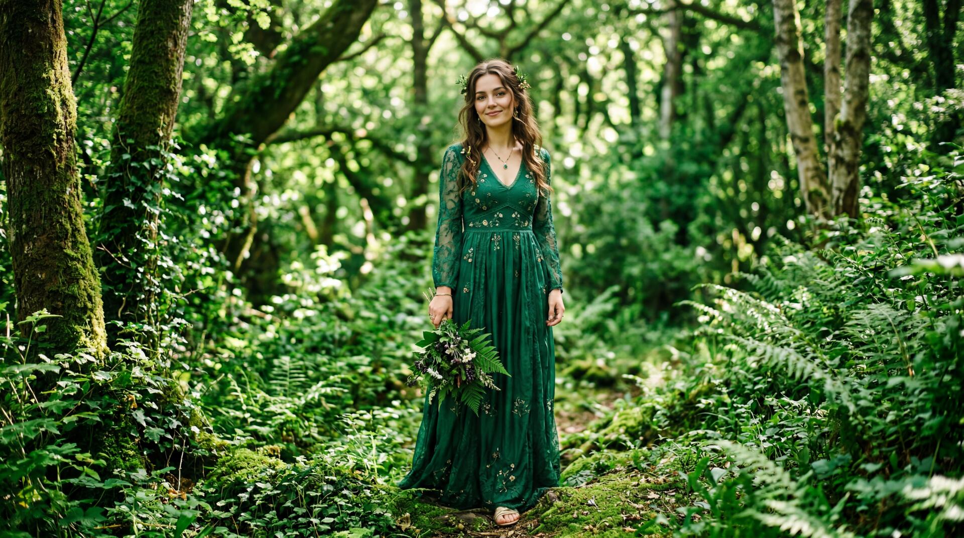5K Ultra HD PC desktop wallpaper and background of a woman in an emerald green gown standing on a mossy forest path, holding wildflowers amid sunlit ferns.