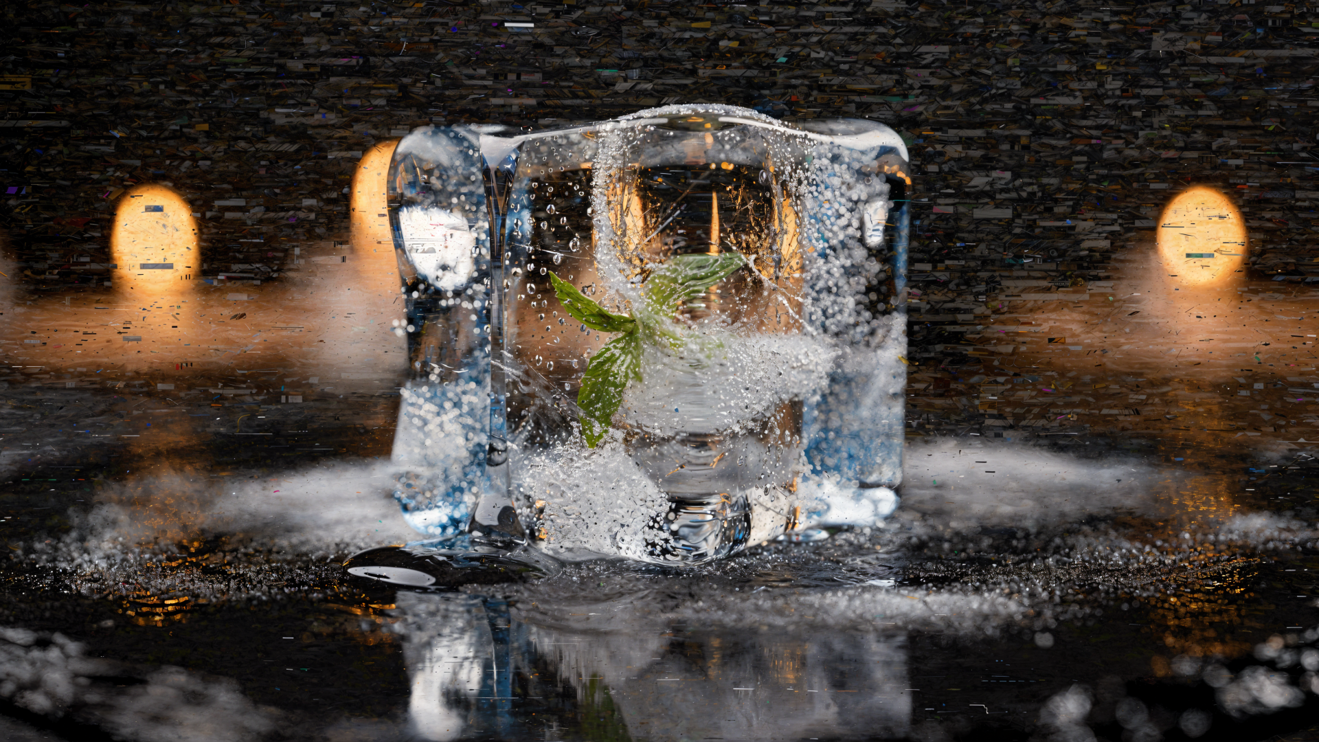 Melting ice cube encasing a small green leaf on a reflective surface, moody bokeh lights behind — high-detail 4K Ultra HD PC desktop wallpaper and background.