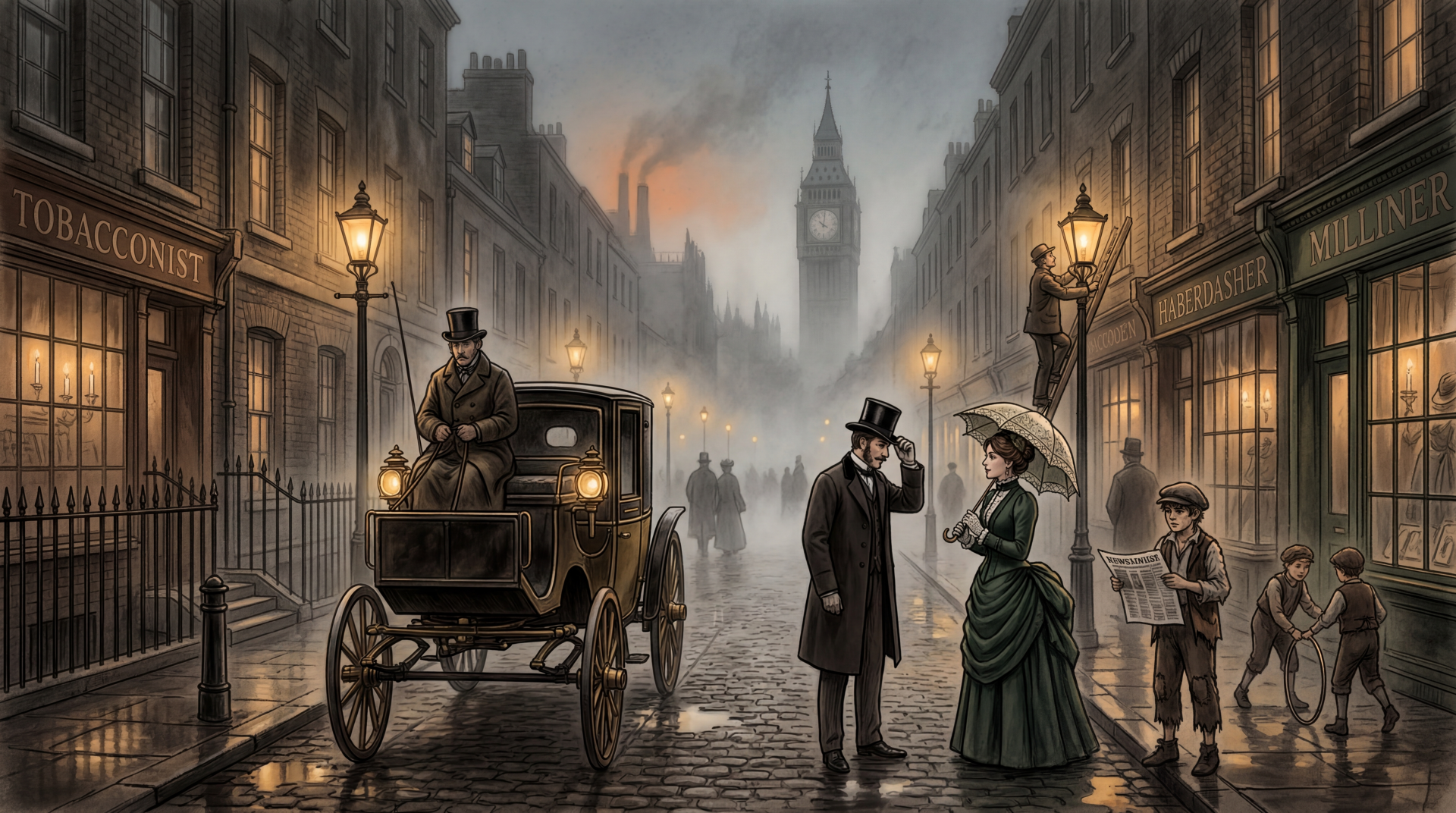 5K Ultra HD PC desktop wallpaper: foggy Victorian-era London street at dusk with gas lamps, a horse-drawn carriage, figures in period dress and Big Ben rising through the mist.