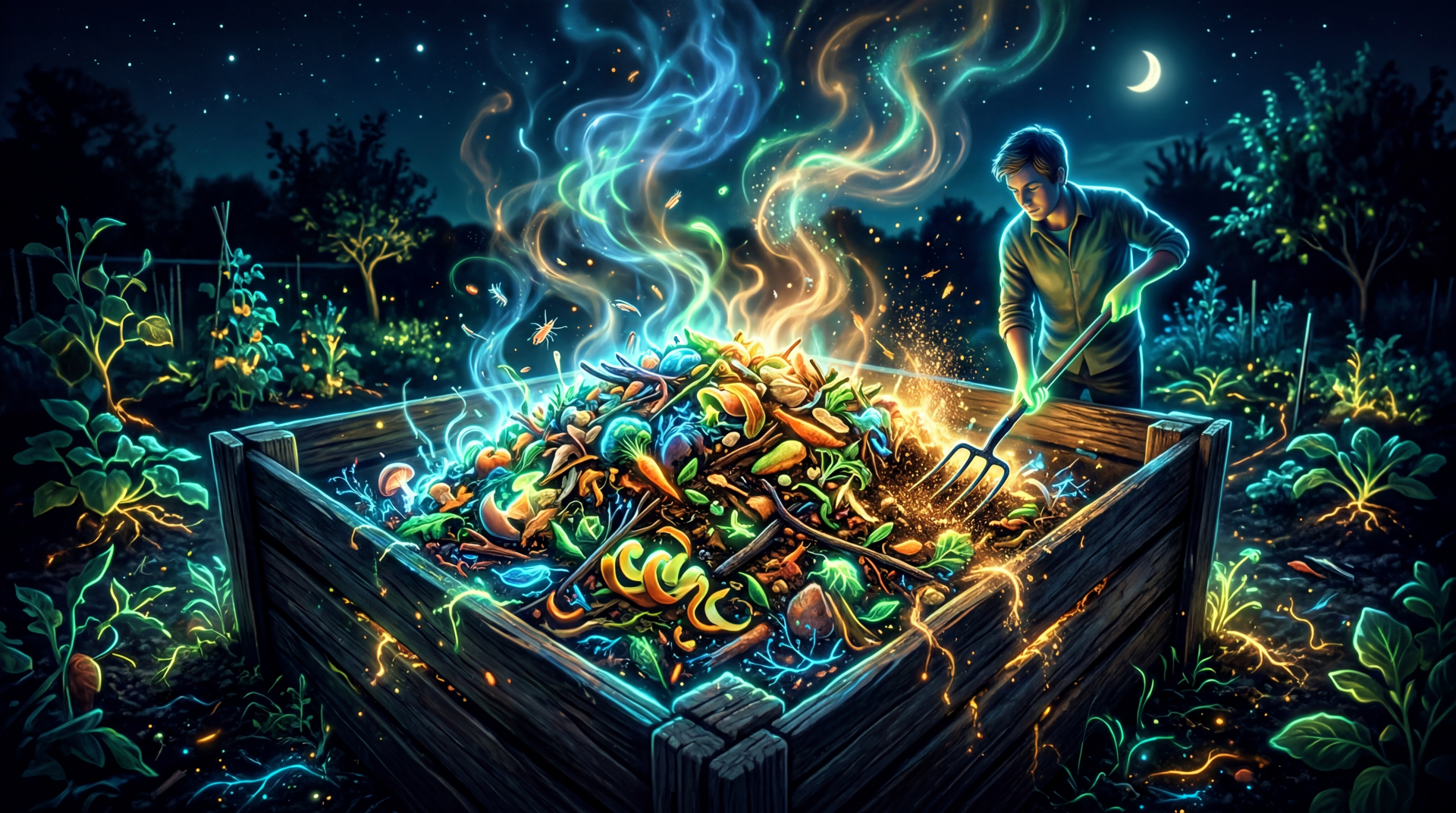 5K Ultra HD PC Desktop Wallpaper and Background: night garden compost bin of glowing vegetable scraps, luminescent swirls rising as a figure tends the pile under a crescent moon.