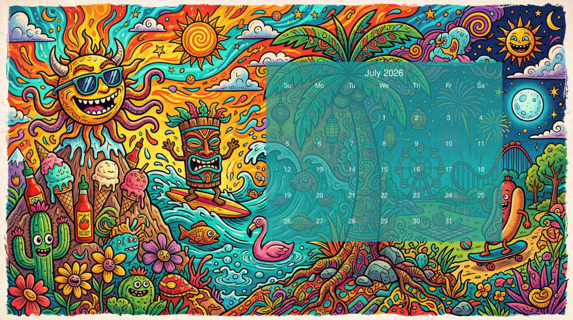 Vivid psychedelic beach scene with smiling sun, tiki mask, palm trees, flamingo and surfboard; July 2026 calendar overlay at center. 5K Ultra HD PC desktop wallpaper and background.