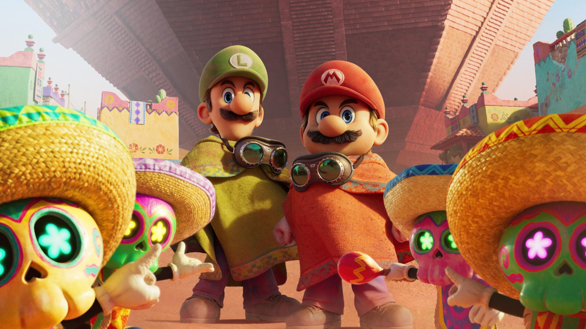 5K Ultra HD PC desktop wallpaper from The Super Mario Galaxy Movie: Mario and Luigi in colorful outfits with goggles, surrounded by smiling star-like creatures beneath a bright, arched bridge.