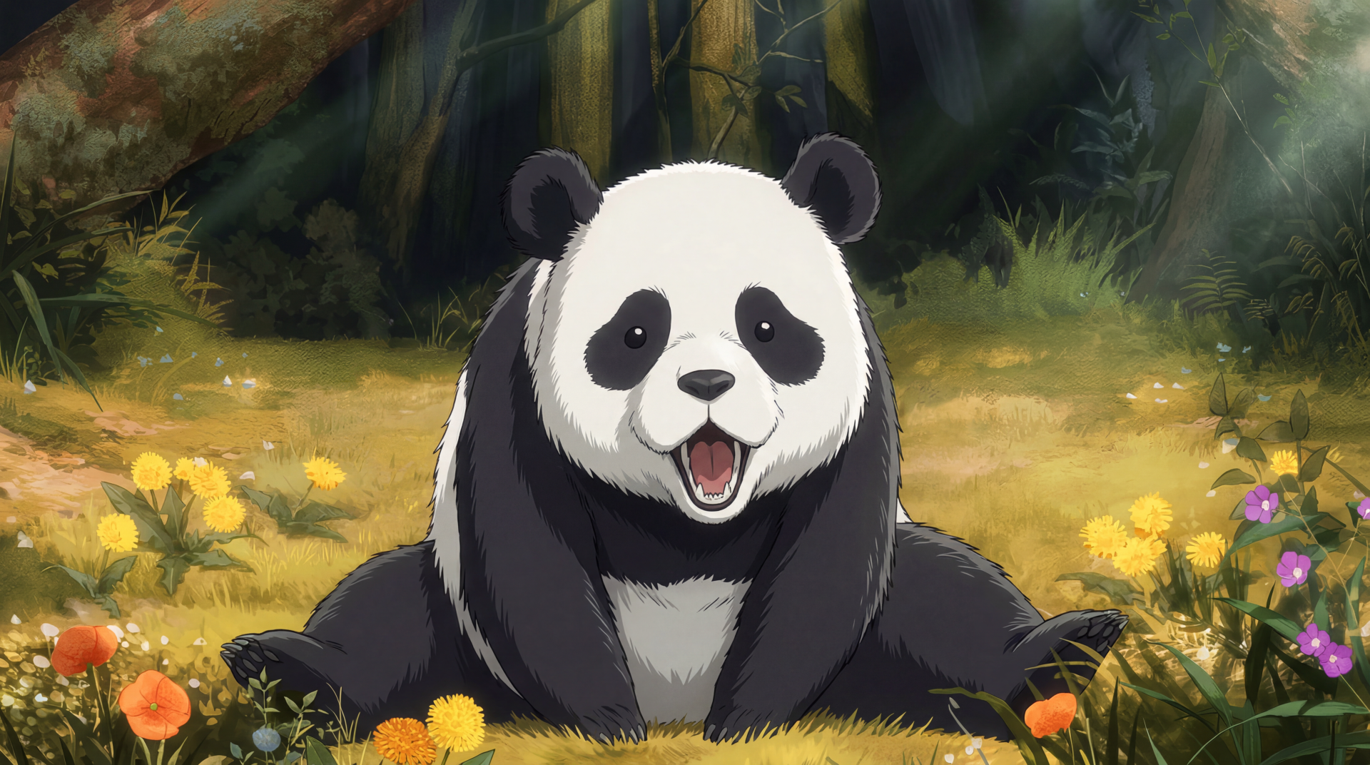 Jujutsu Kaisen 3rd Season anime panda smiling and sprawled in a sunlit meadow of yellow flowers — cute, funny 5K Ultra HD PC desktop wallpaper and background.