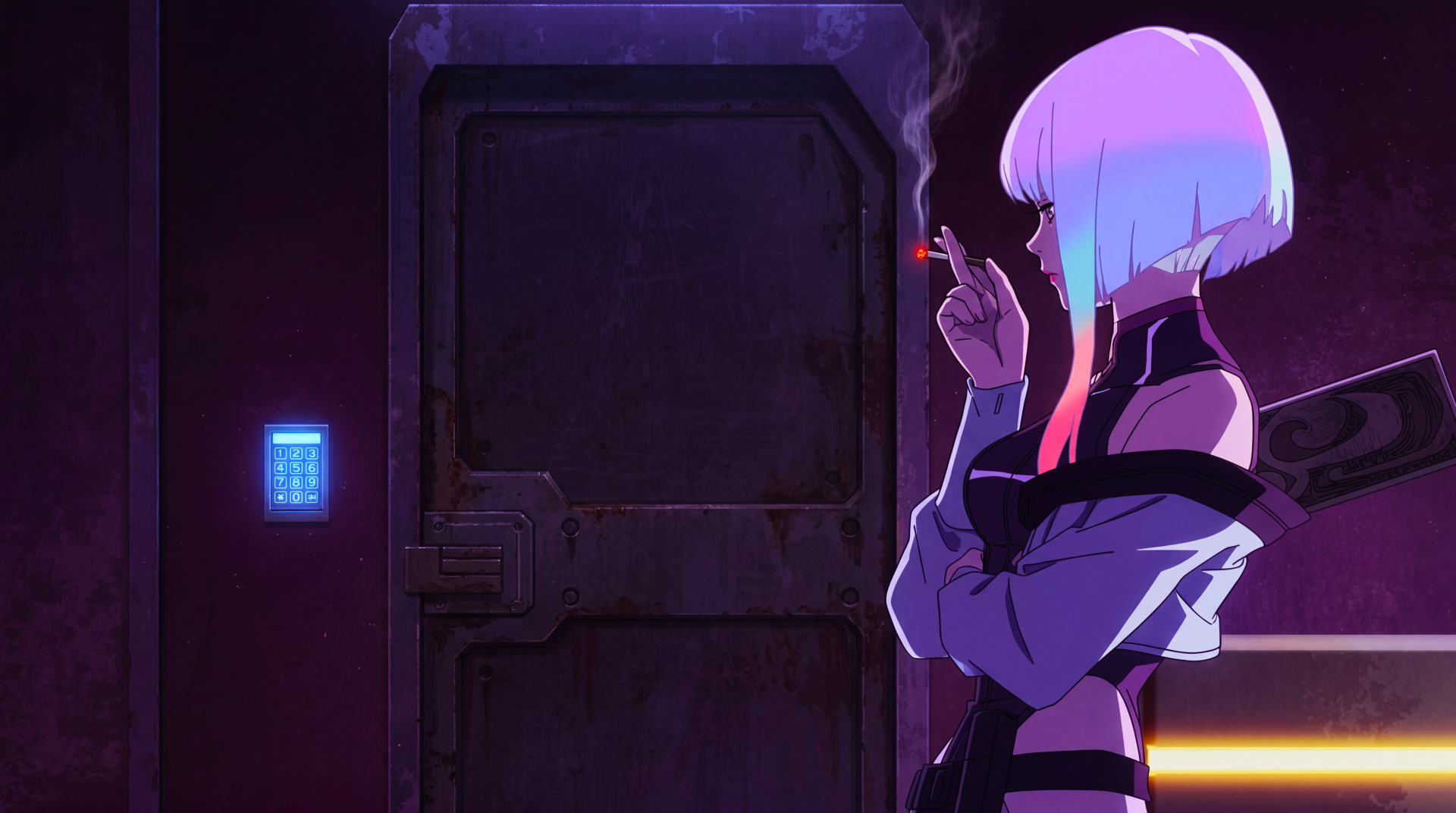 5K Ultra HD PC desktop wallpaper of Lucy (Cyberpunk: Edgerunners): anime girl with pink-purple bob smoking beside a neon-lit door in a moody cyberpunk corridor.