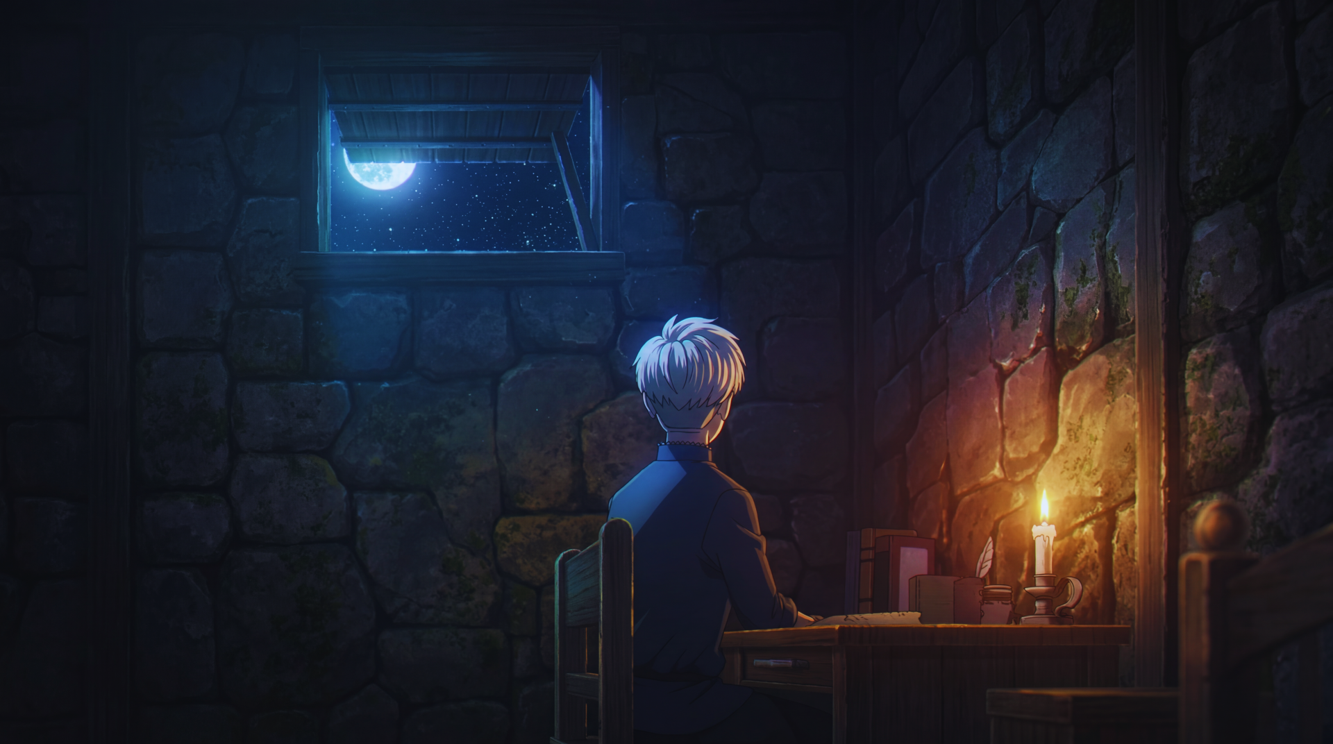Anime 5K desktop wallpaper Orb: On the Movements of the Earth by Rafal — lone figure at a cozy candlelit desk in a stone room, moonlight spilling through a small window.
