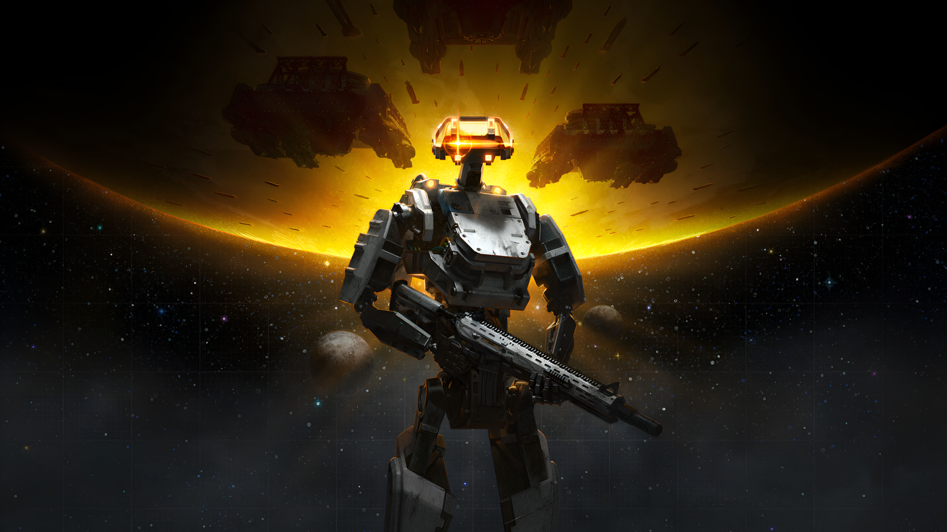 4K Ultra HD PC desktop wallpaper: Starfield futuristic gaming robot soldier clutching a rifle, backlit by a glowing planet horizon and silhouetted spacecraft.