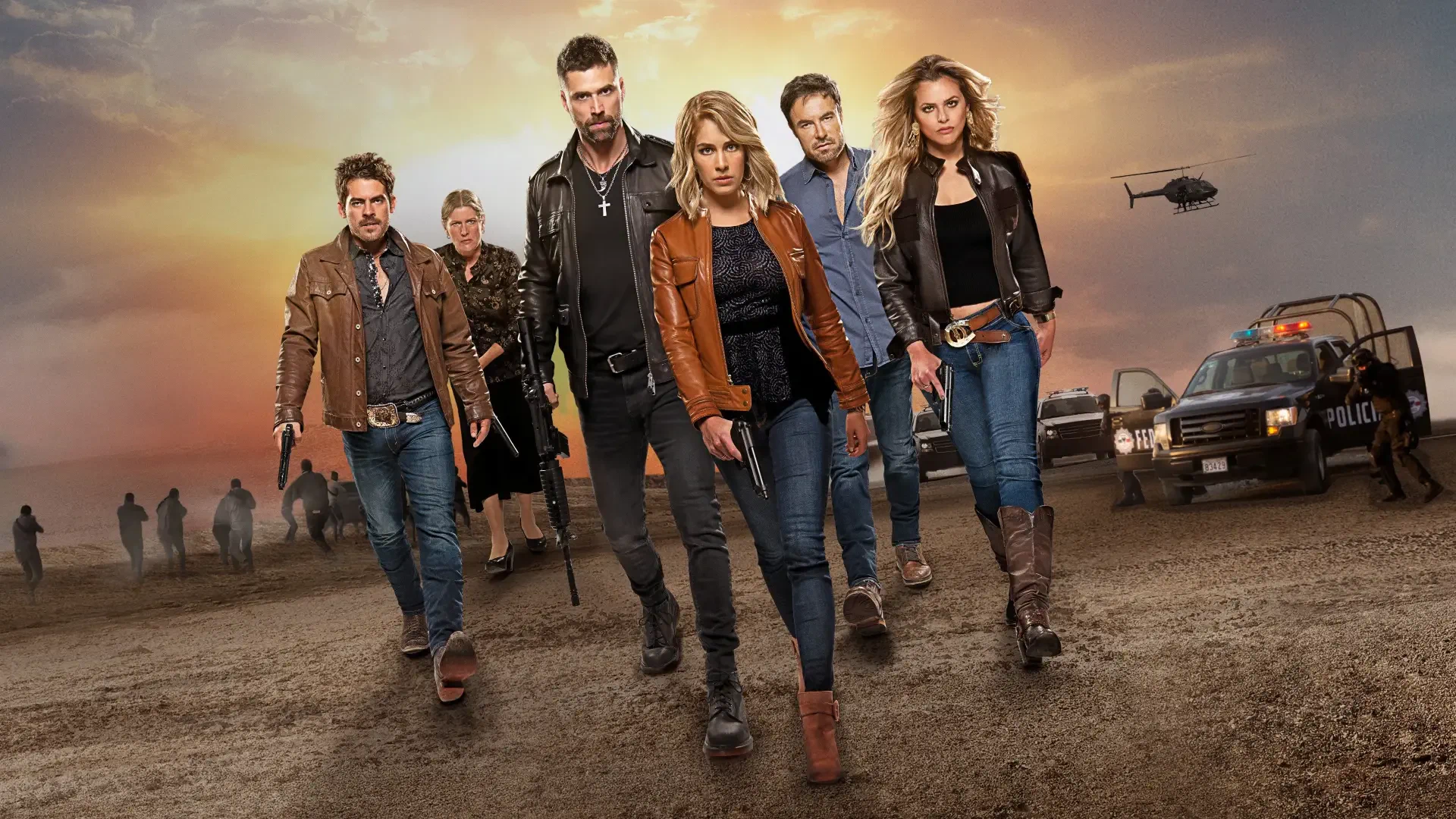 El Señor de los Cielos 4K Ultra HD PC desktop wallpaper and background: six rugged characters stride through a dusty, cinematic dusk with helicopters and police vehicles behind them.