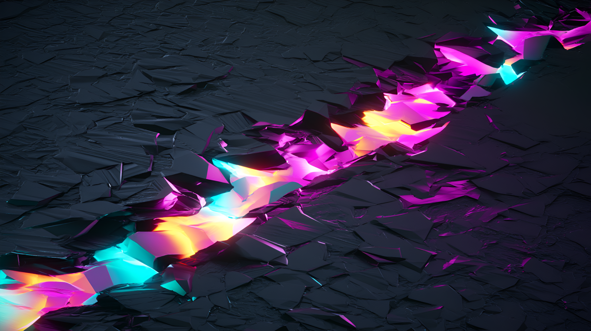 Cool, colorful abstract geometric black 2K Quad HD PC desktop wallpaper showing a neon rainbow crack of jagged shards across a textured black surface.
