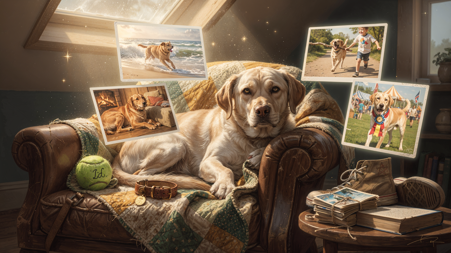 4K Ultra HD PC desktop wallpaper: old dog reclining on an armchair amid photos, a tennis ball and keepsakes in a warm, sunlit room.