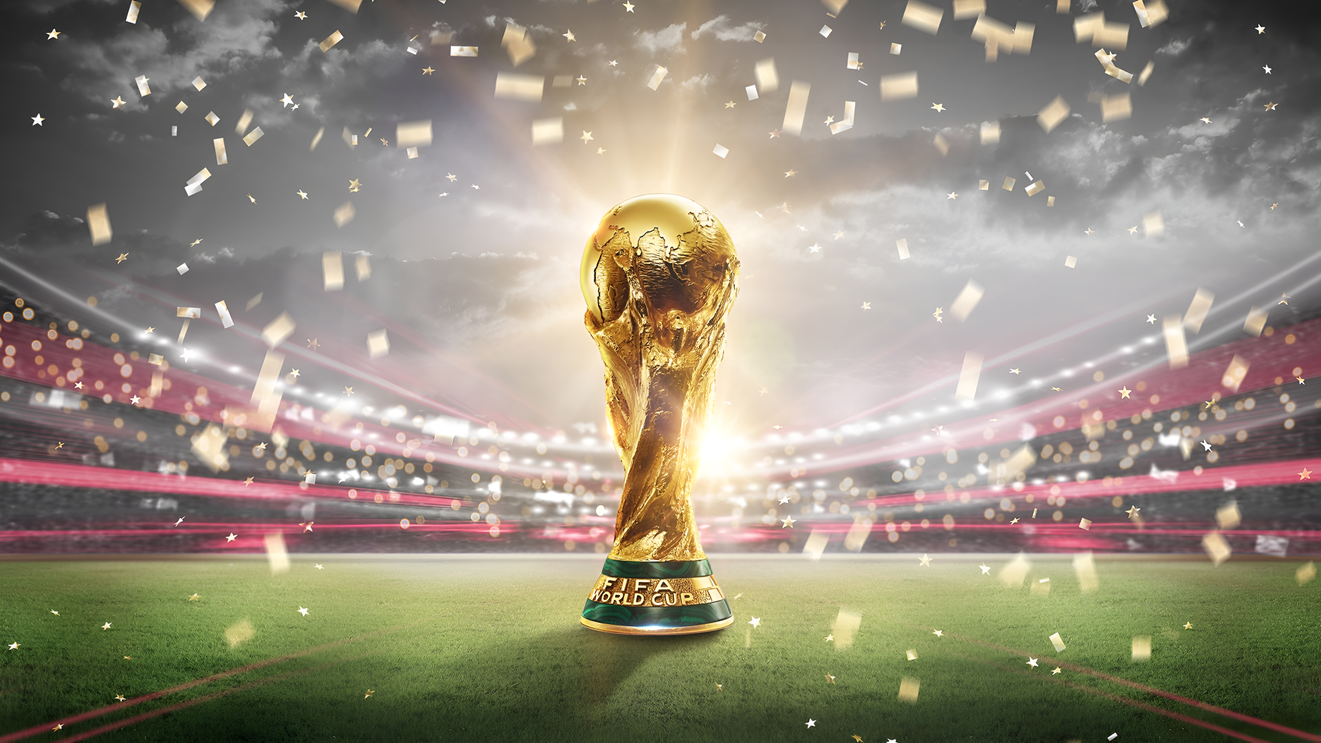 FIFA World Cup 2026 trophy glows on the stadium pitch amid flying confetti, 4K Ultra HD PC desktop wallpaper and background.