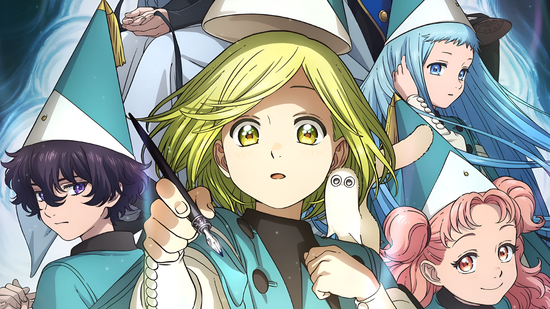 4K Ultra HD PC wallpaper of Witch Hat Atelier anime featuring Coco (Witch Hat Atelier) and fellow witches in teal hats, one holding a wand and a small owl, vivid desktop background.