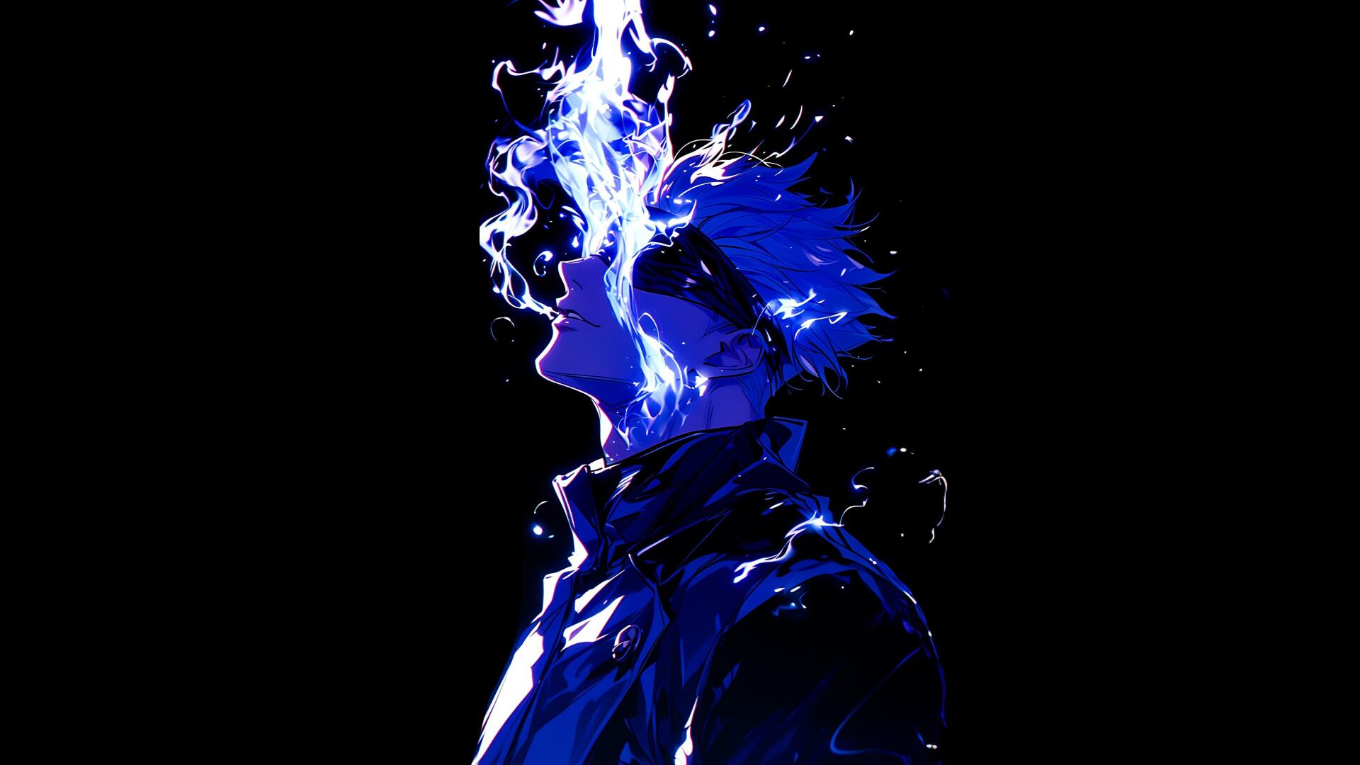 Satoru Gojo from Jujutsu Kaisen in a blue energy blaze against a black background — stylized black anime portrait rendered for 4K Ultra HD OLED PC desktop wallpaper.