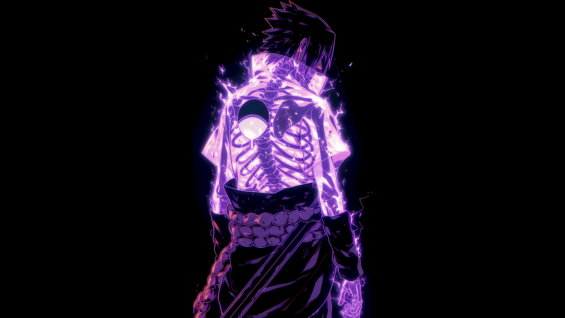 4K OLED anime PC wallpaper: Sasuke Uchiha of the Uchiha Clan standing backlit in purple chakra energy on a black background (Naruto).