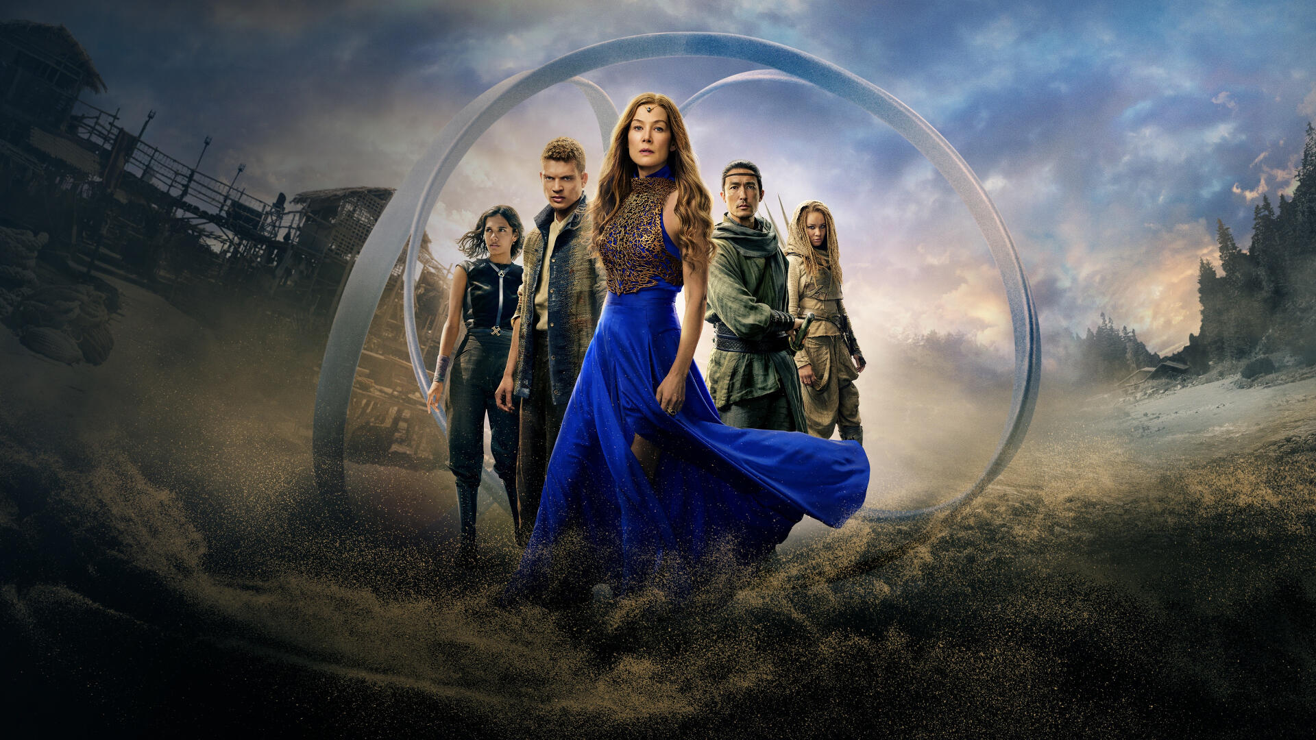 The Wheel of Time 4K Ultra HD PC desktop wallpaper and background: five robed figures led by a woman in flowing blue before a glowing circular portal over a ruined landscape.