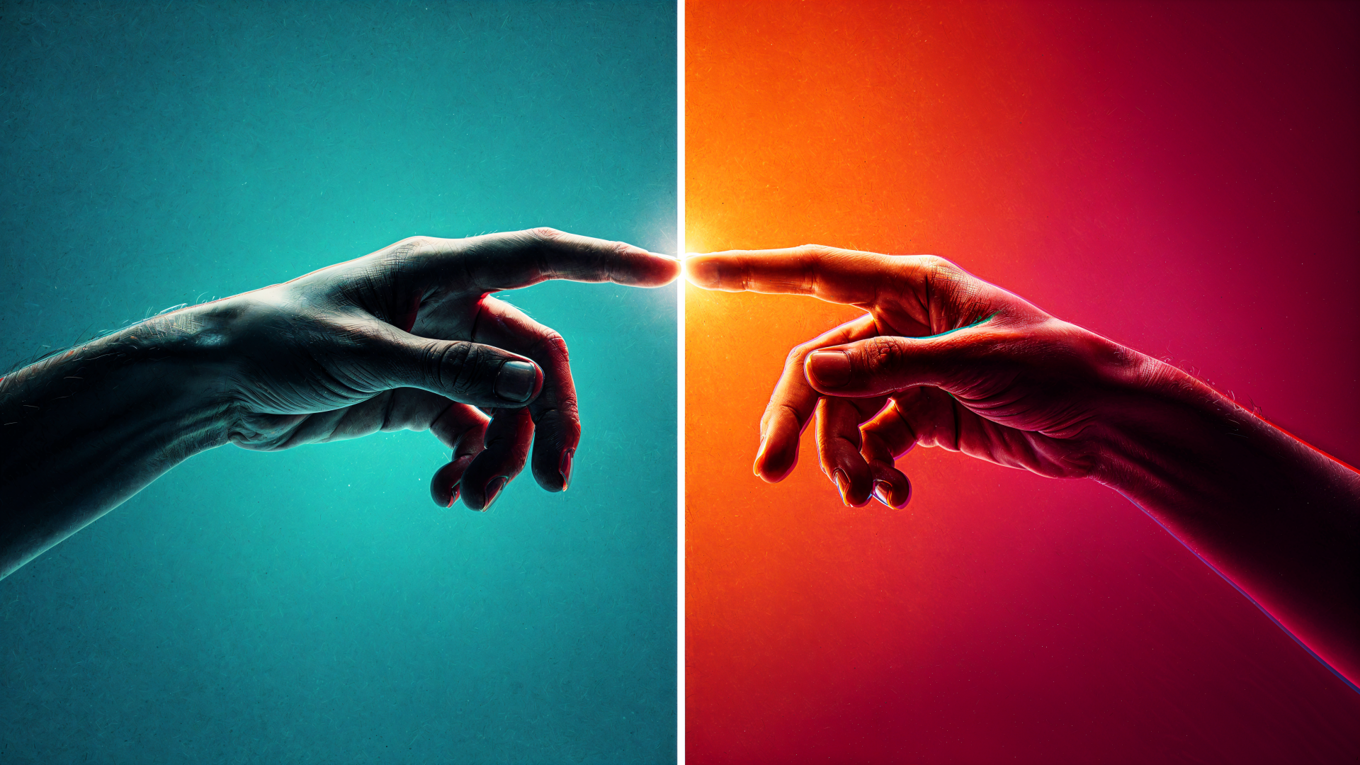 4K Ultra HD PC desktop wallpaper showing human touch: two hands reaching across a teal-to-orange split, fingertips nearly touching with dramatic rim lighting.