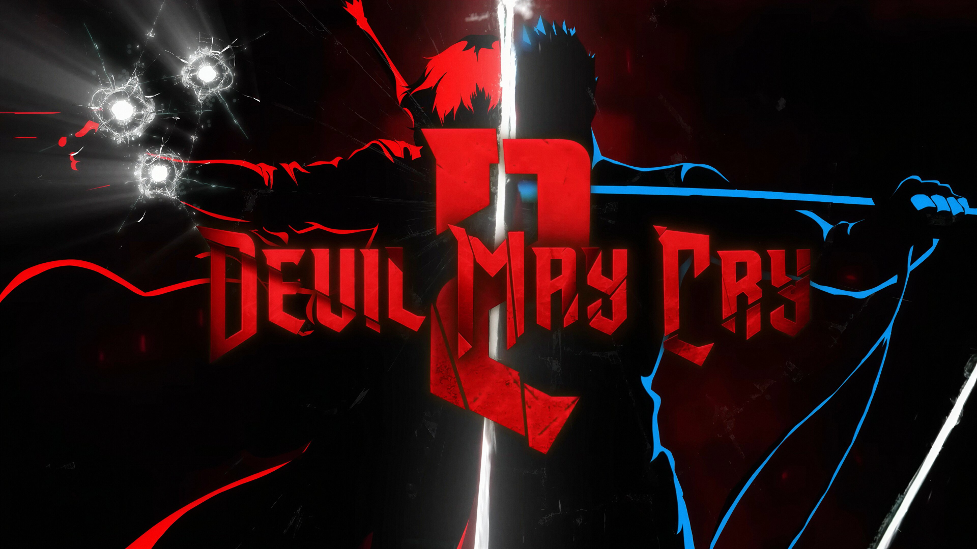 Devil May Cry (anime) 4K Ultra HD PC wallpaper: red and blue split silhouettes of Dante with central Devil May Cry 3 logo and left-side muzzle flashes.
