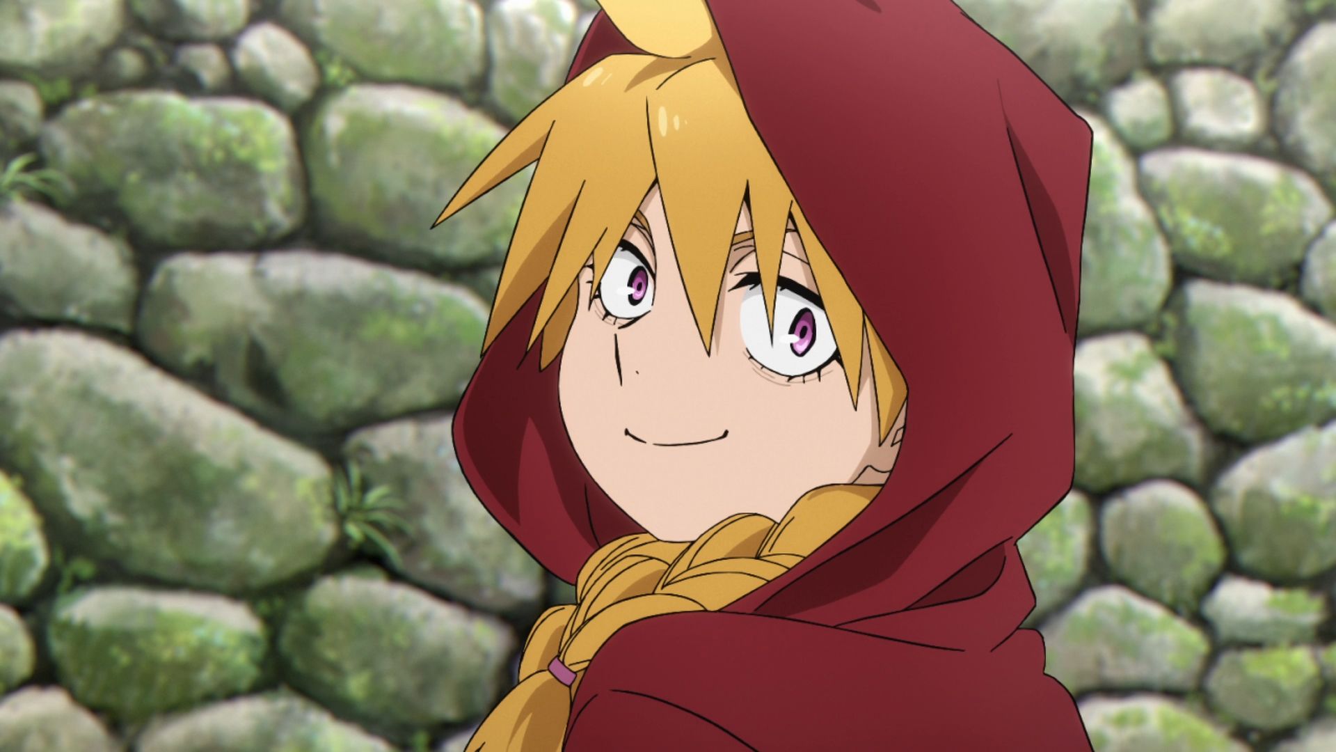 HD anime desktop wallpaper of Gabby (Daemons of the Shadow Realm): smiling blonde with braid, red hooded cloak, mossy stone wall background.