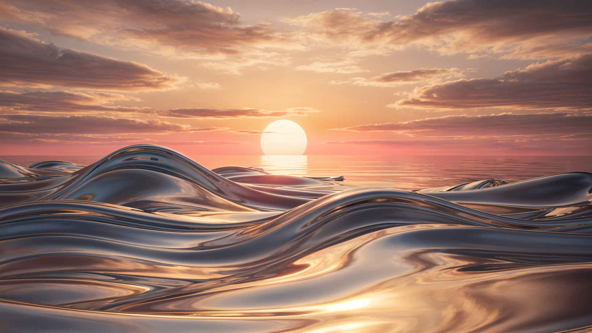 4K Ultra HD PC desktop wallpaper/background: metallic undulating waves reflecting a golden sunrise beneath pastel clouds.