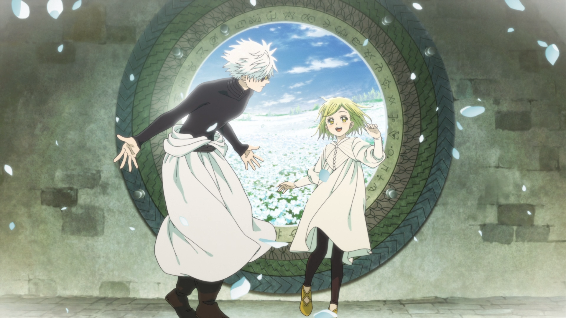 Anime HD PC wallpaper: Witch Hat Atelier's Qifrey and Coco in a circular stone window, smiling as petals drift over a sunlit blooming field.