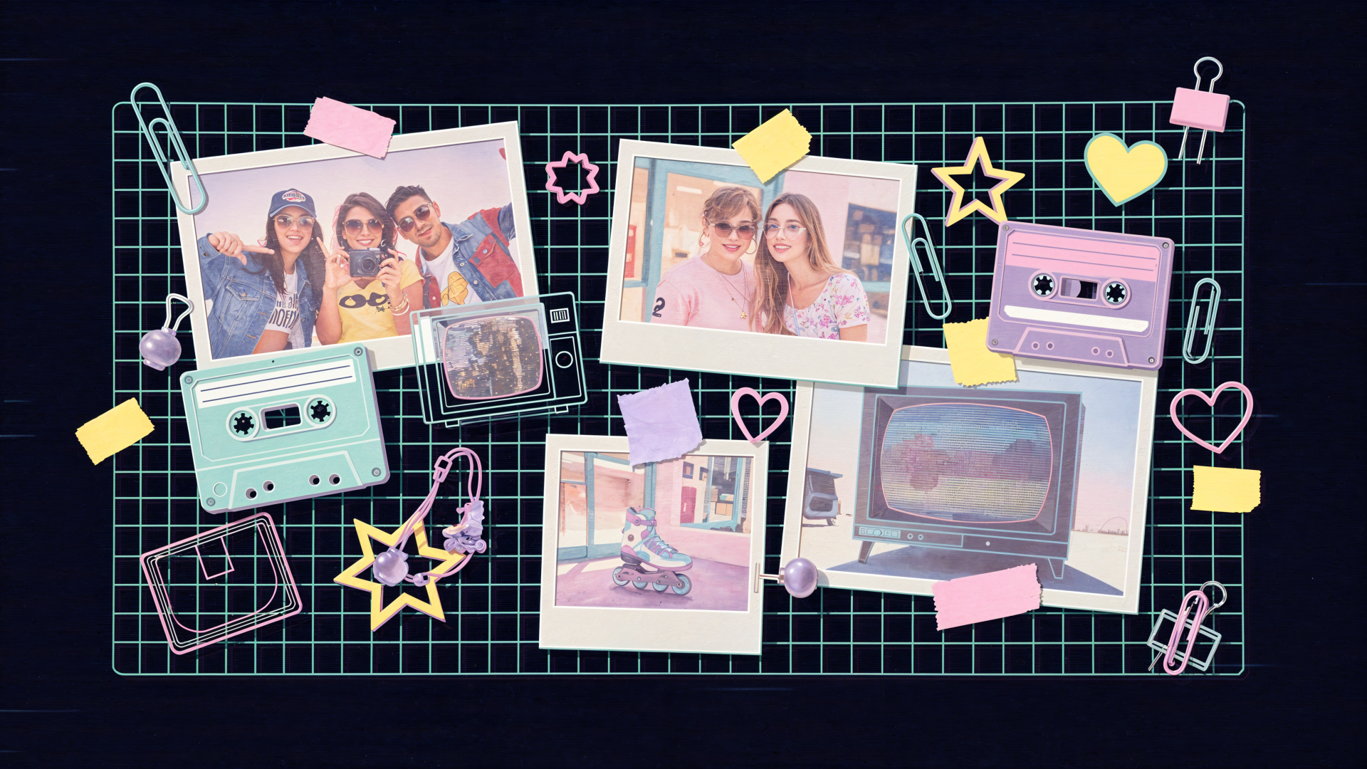 Scrapbooking-themed 4K Ultra HD PC desktop wallpaper: pastel retro collage of polaroid photos, cassette tapes, a vintage TV and stickers on a dark grid background.