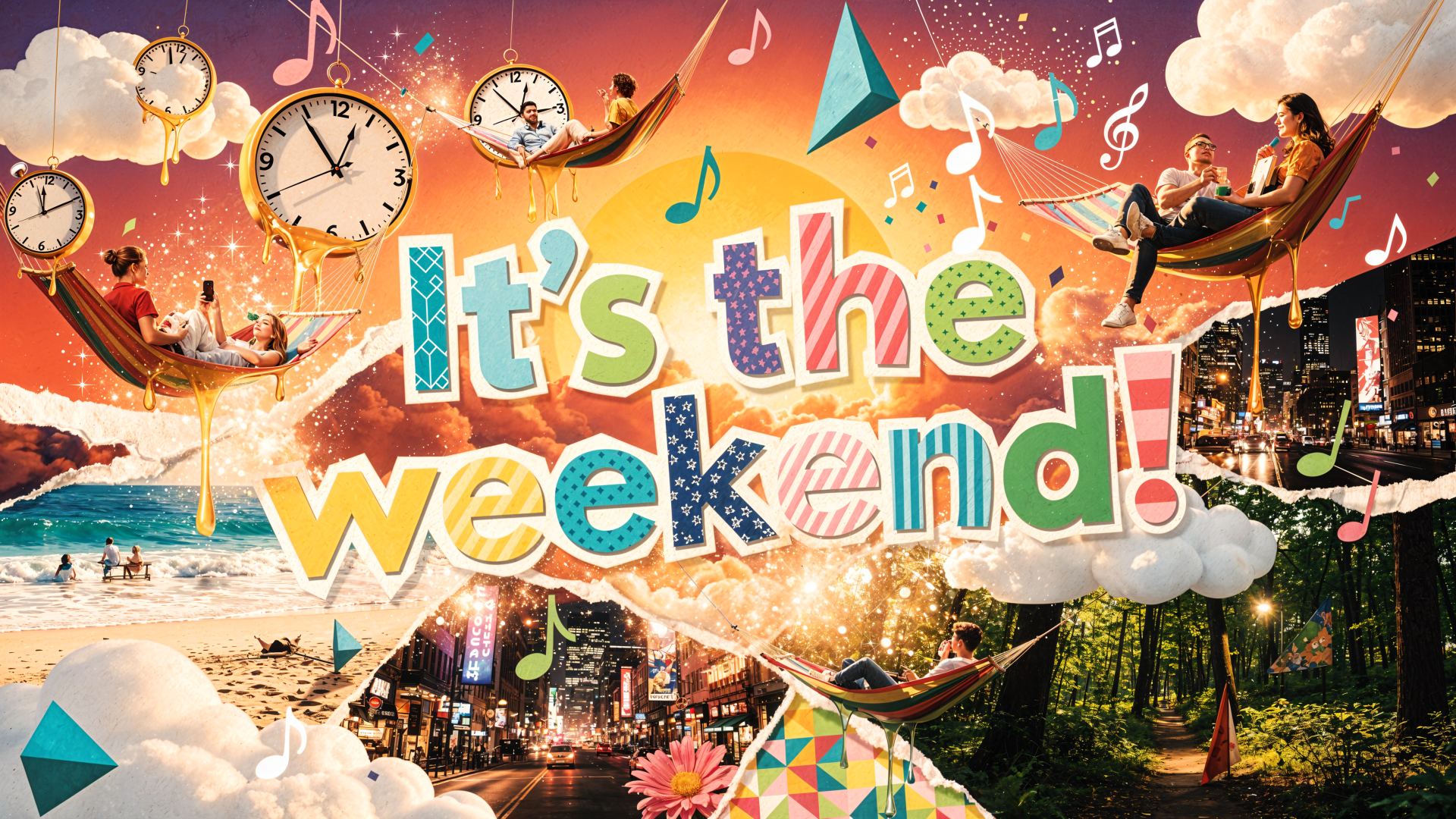 Vibrant 4K Ultra HD PC desktop wallpaper showing bold It's the weekend! text over a dreamy collage of beach, city lights, clocks, hammocks, clouds and musical notes.