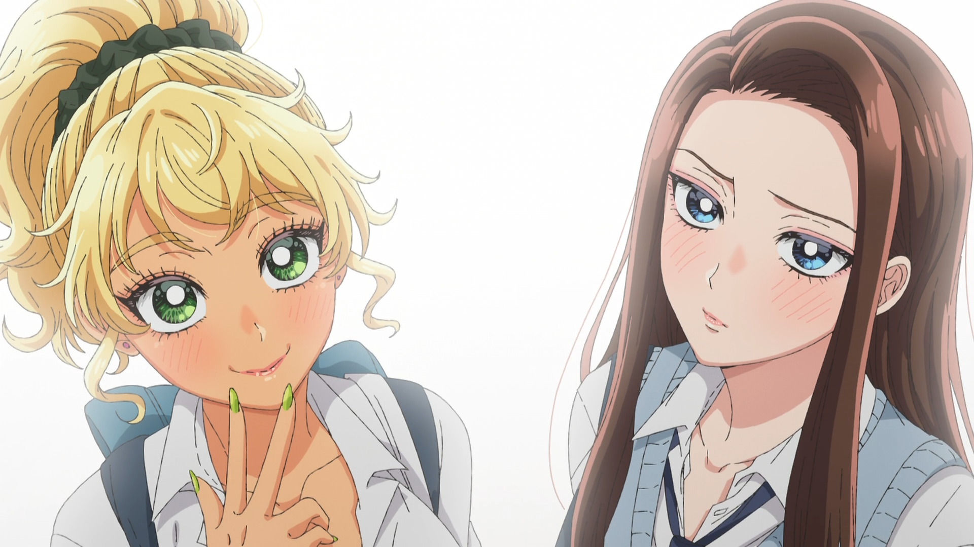 HD PC wallpaper of the anime Gals Can't Be Kind to Otaku!? featuring Kei Amane (blond, cheerful) and Kotoko Ijichi (brown-haired, reserved) in school uniforms.