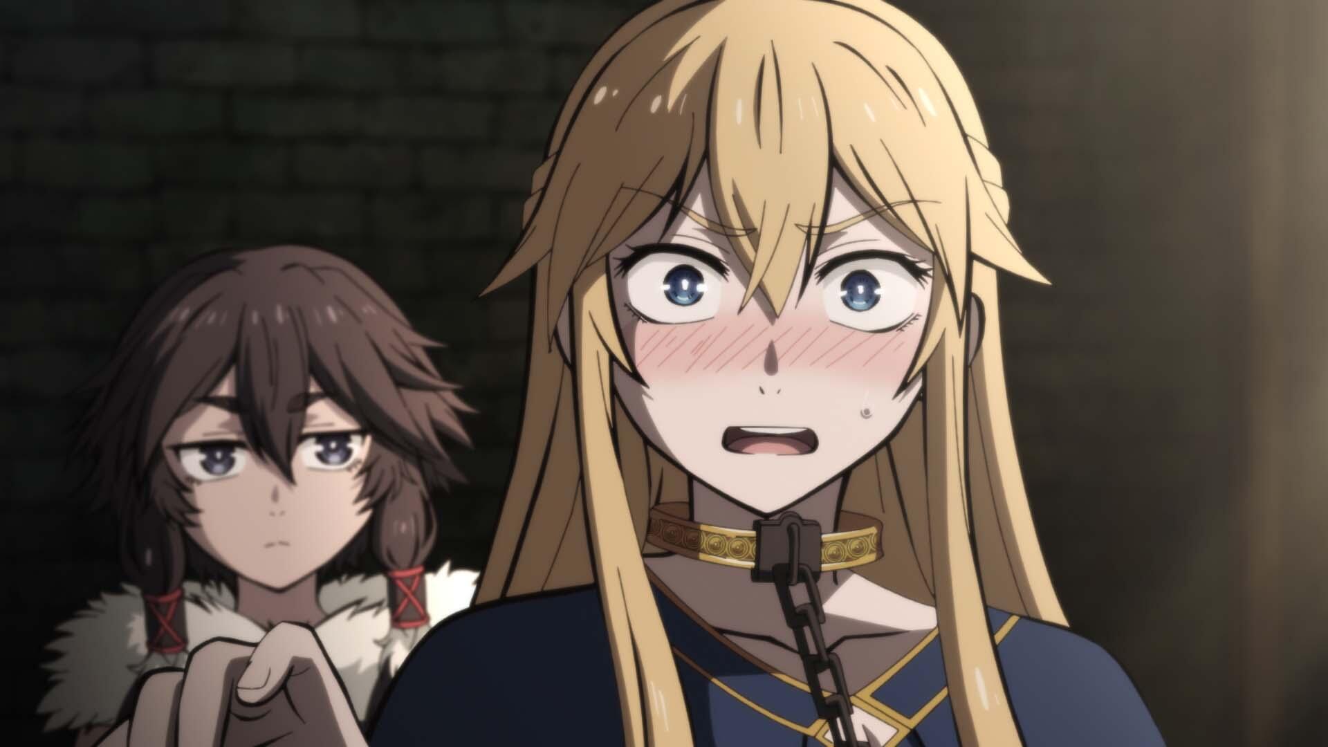 HD PC desktop wallpaper: anime The Warrior Princess and the Barbaric King — Serafina de Lavillant, blond warrior princess blushing in a collar, dark-haired ally watching behind.