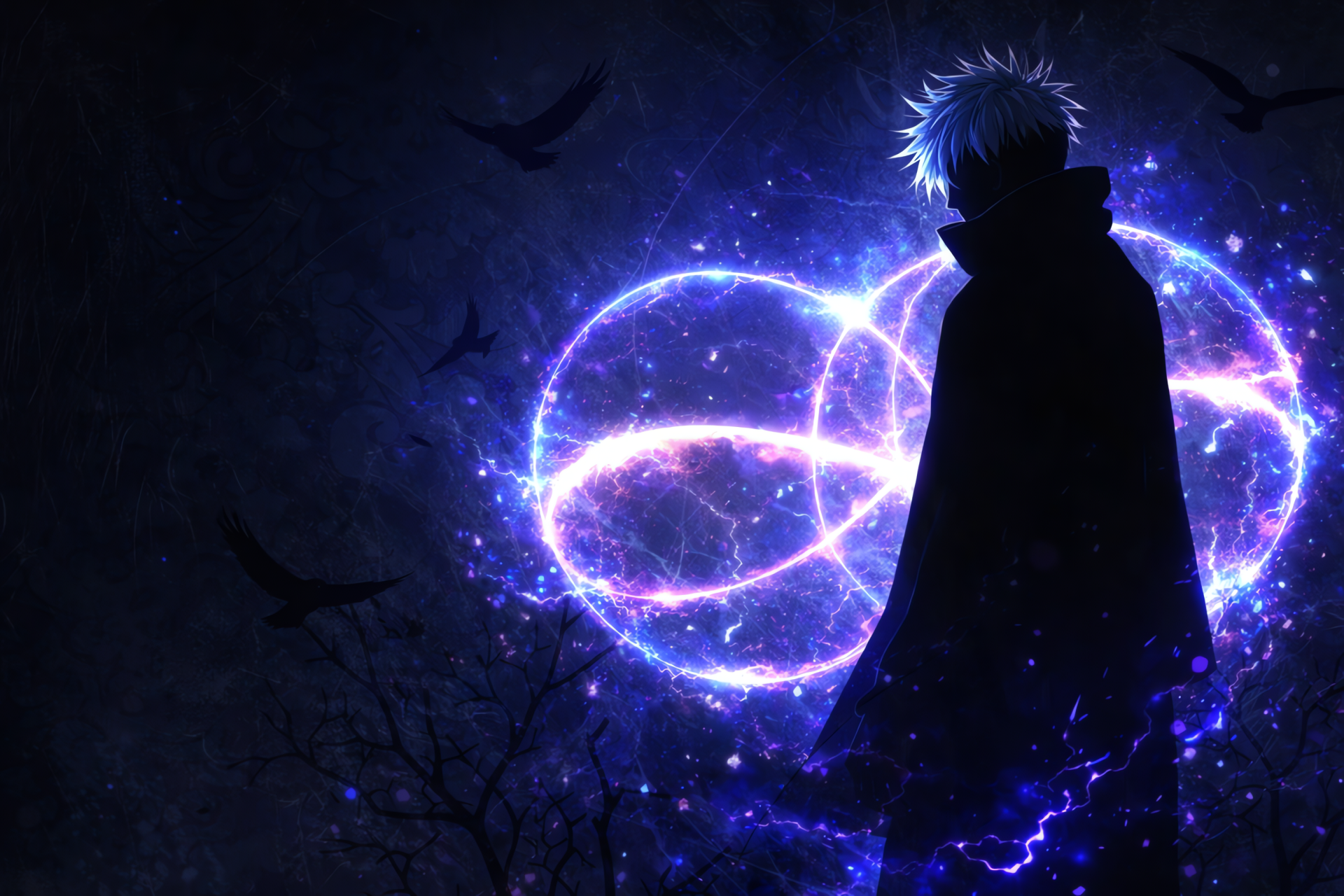 Silhouetted Satoru Gojo from Jujutsu Kaisen against a glowing purple-blue Infinity symbol, Six Eyes theme; 2K Quad HD anime PC desktop wallpaper.