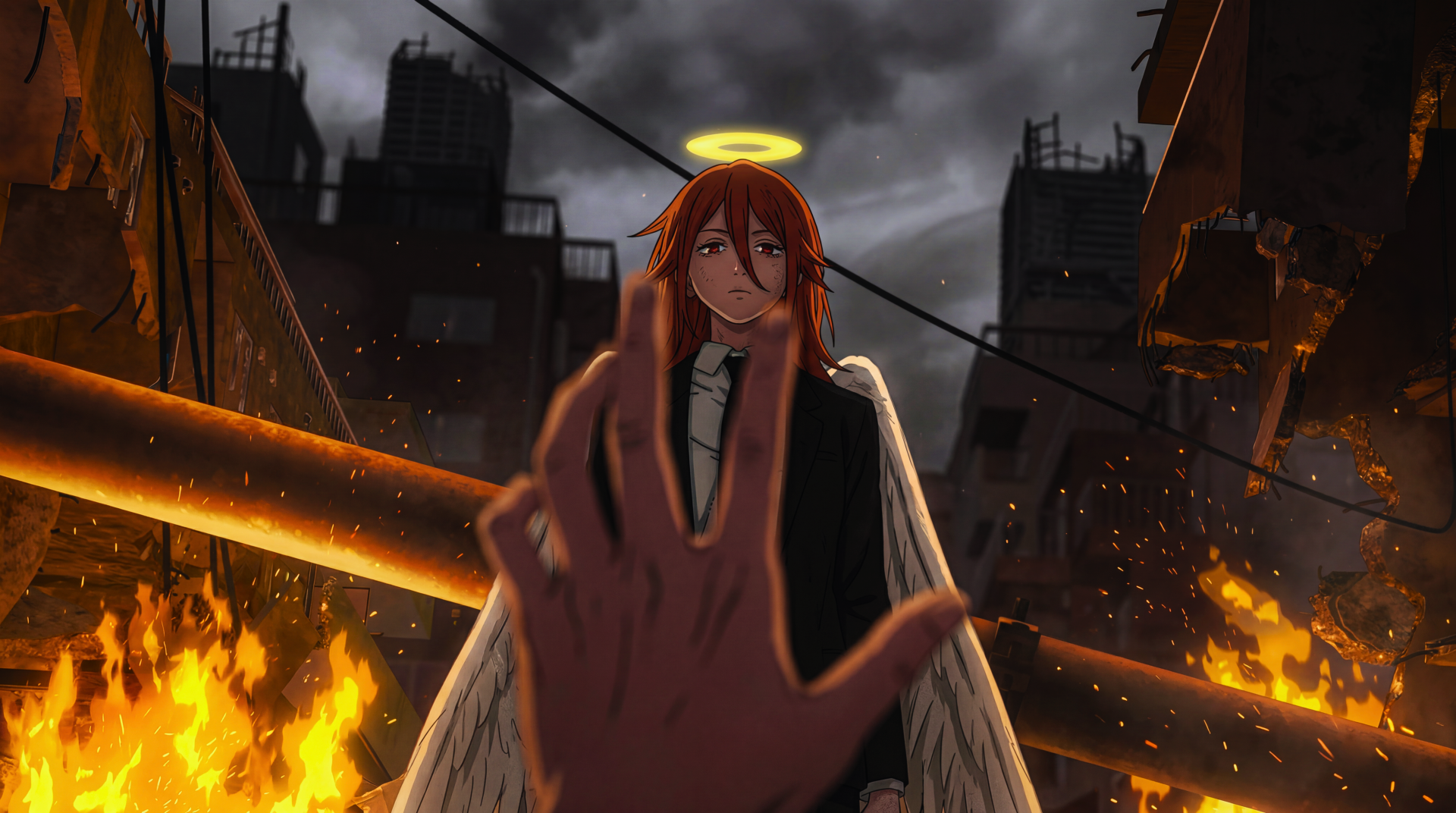 Angel Devil (Chainsaw Man) stands with halo and wings amid a burning city as a hand reaches toward her — anime 5K Ultra HD PC wallpaper referencing Salvation (TV Show).