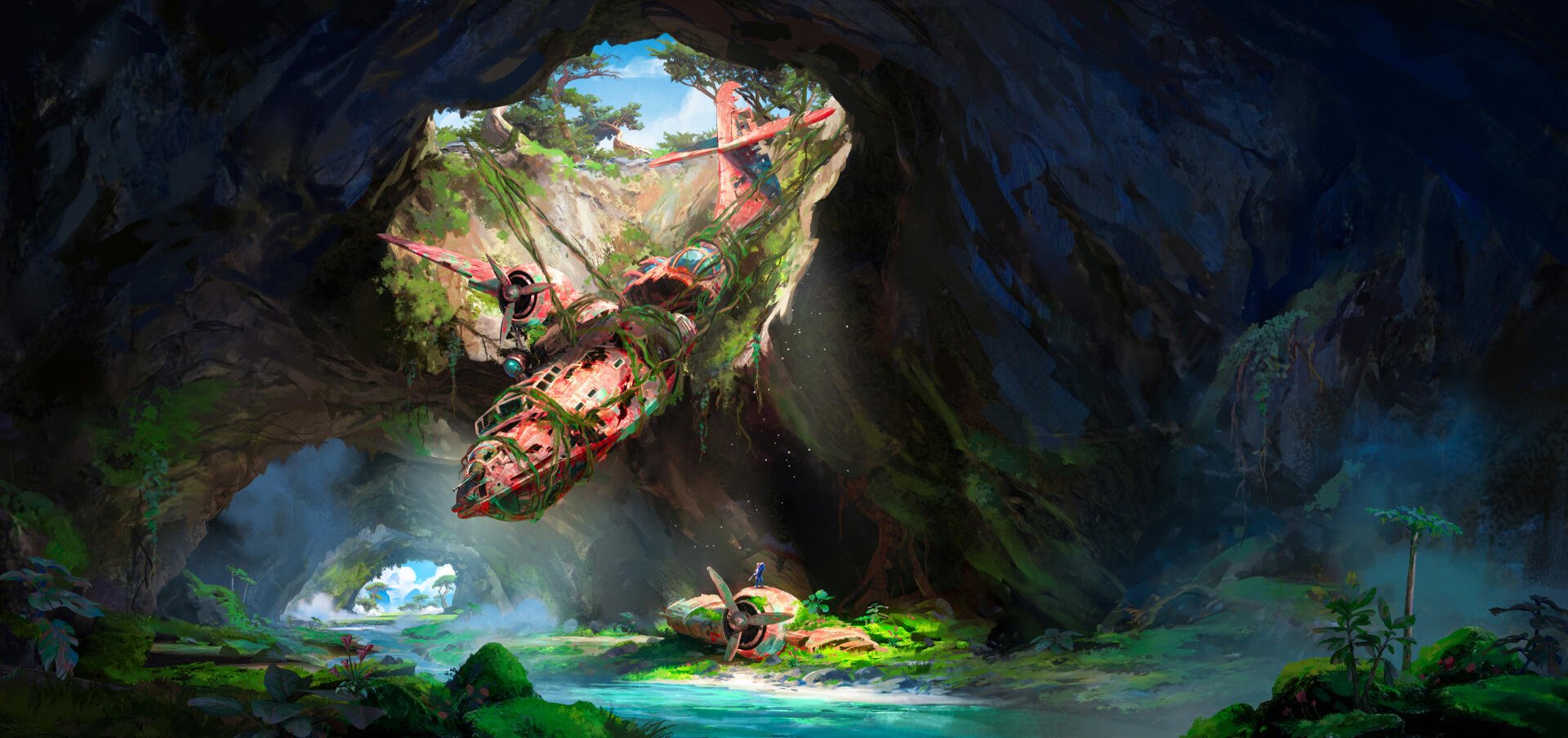 Concept art 2K Quad HD PC desktop wallpaper: fantasy-adventure cave with a mossy plane crash half-submerged in a luminescent lagoon beneath a sunlit cavern opening.