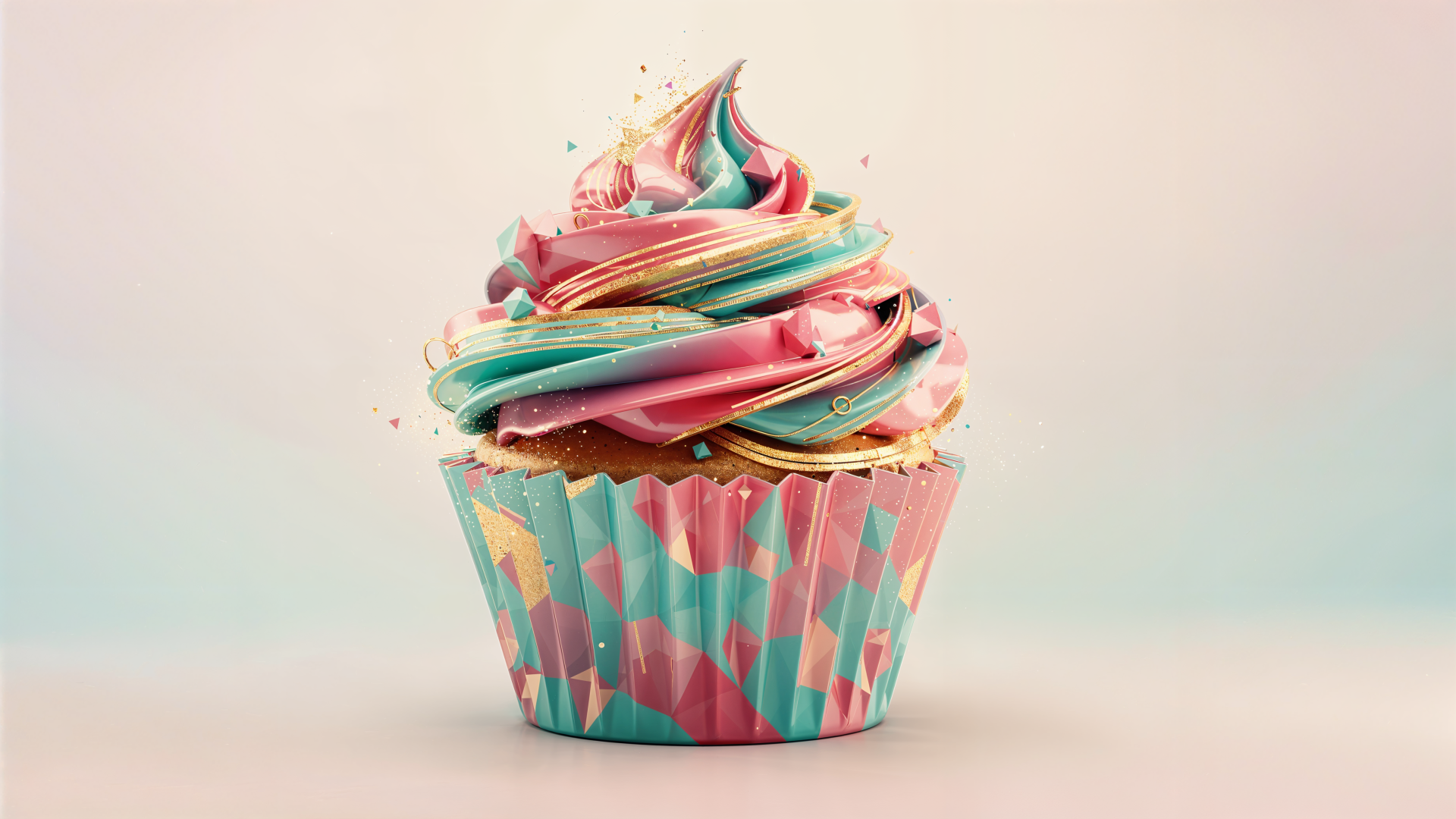 4K Ultra HD PC desktop wallpaper: pastel rainbow cupcake with swirled frosting, gold accents and sprinkles on a soft gradient background.