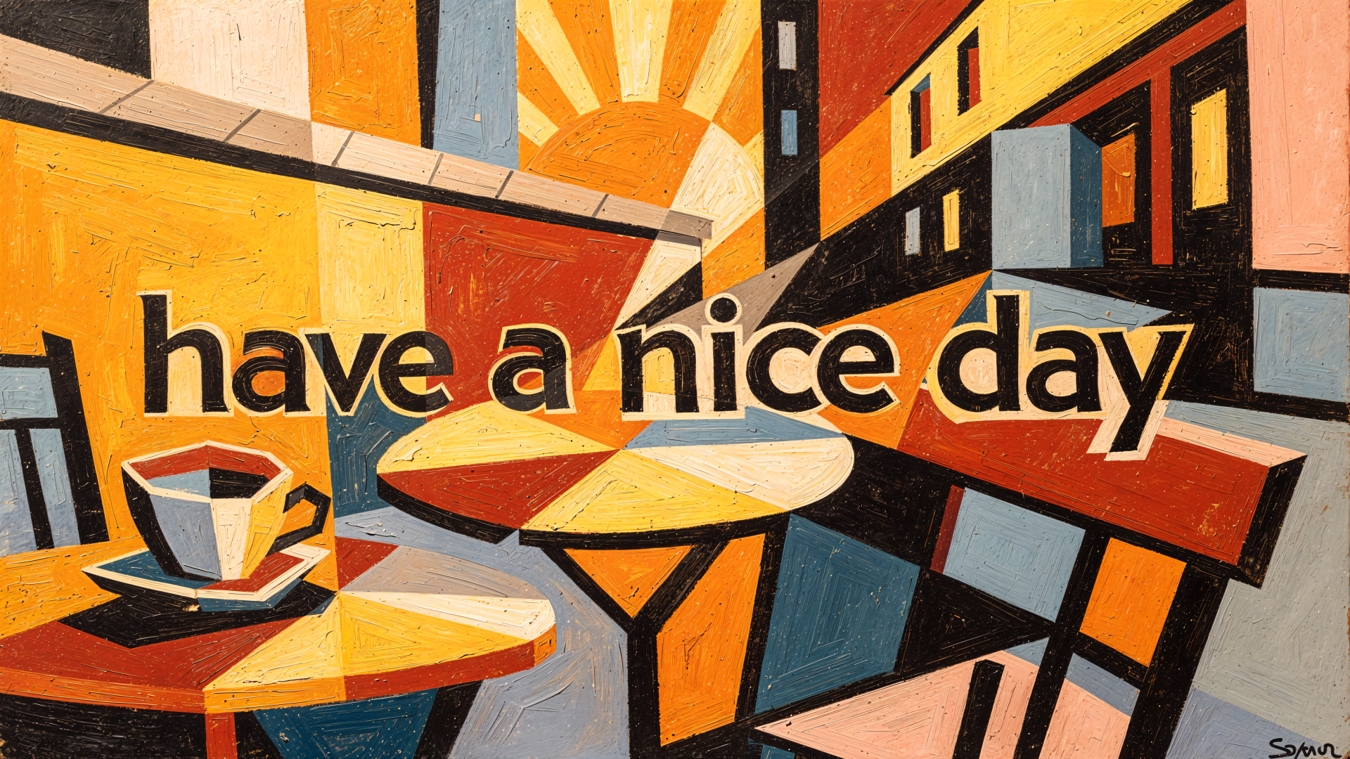 Retro geometric cafe scene with coffee cup and tables and bold have a nice day text — 4K Ultra HD PC desktop wallpaper/background.