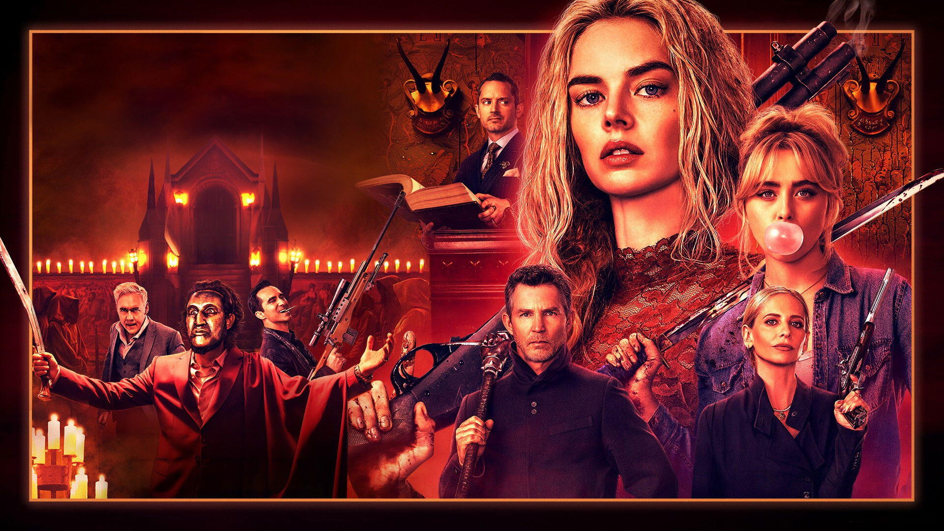 Ready or Not 2 HD PC desktop wallpaper — red-hued collage of armed characters: a determined young woman center, others holding guns, a candlelit courtroom and a masked figure looming.