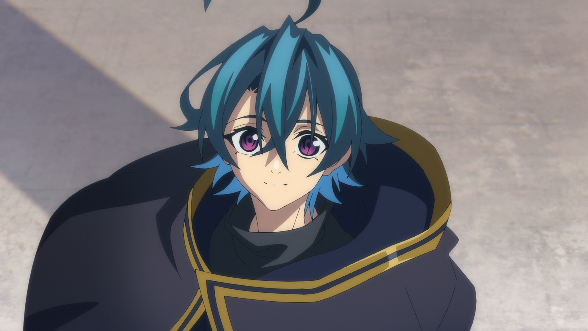 HD PC desktop wallpaper of Will Serfort from the anime Wistoria: Wand and Sword - a blue-haired youth in a dark cloak with gold trim, looking up with gentle, curious eyes.