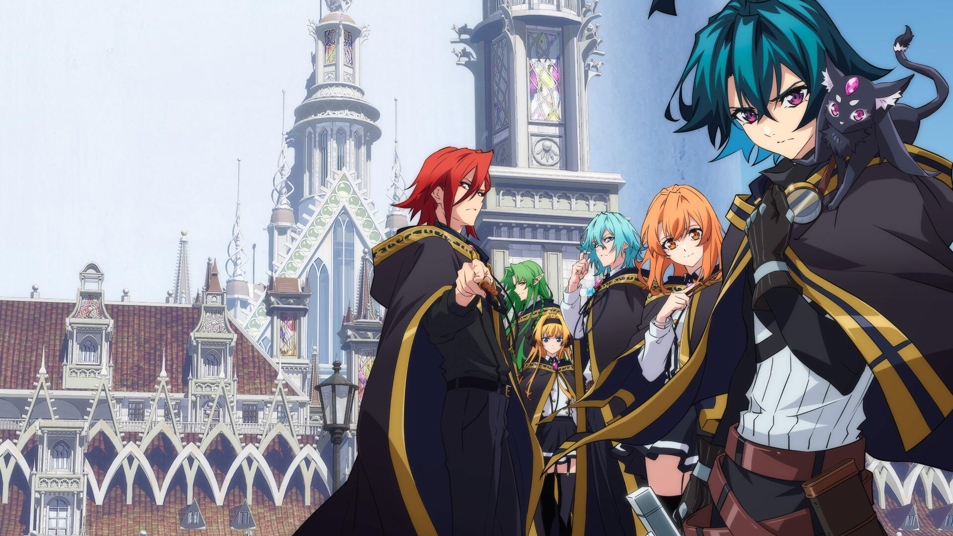 Wistoria: Wand and Sword — 4K Ultra HD PC desktop wallpaper of cloaked heroes wielding wands and swords posed before a soaring, ornate cathedral.