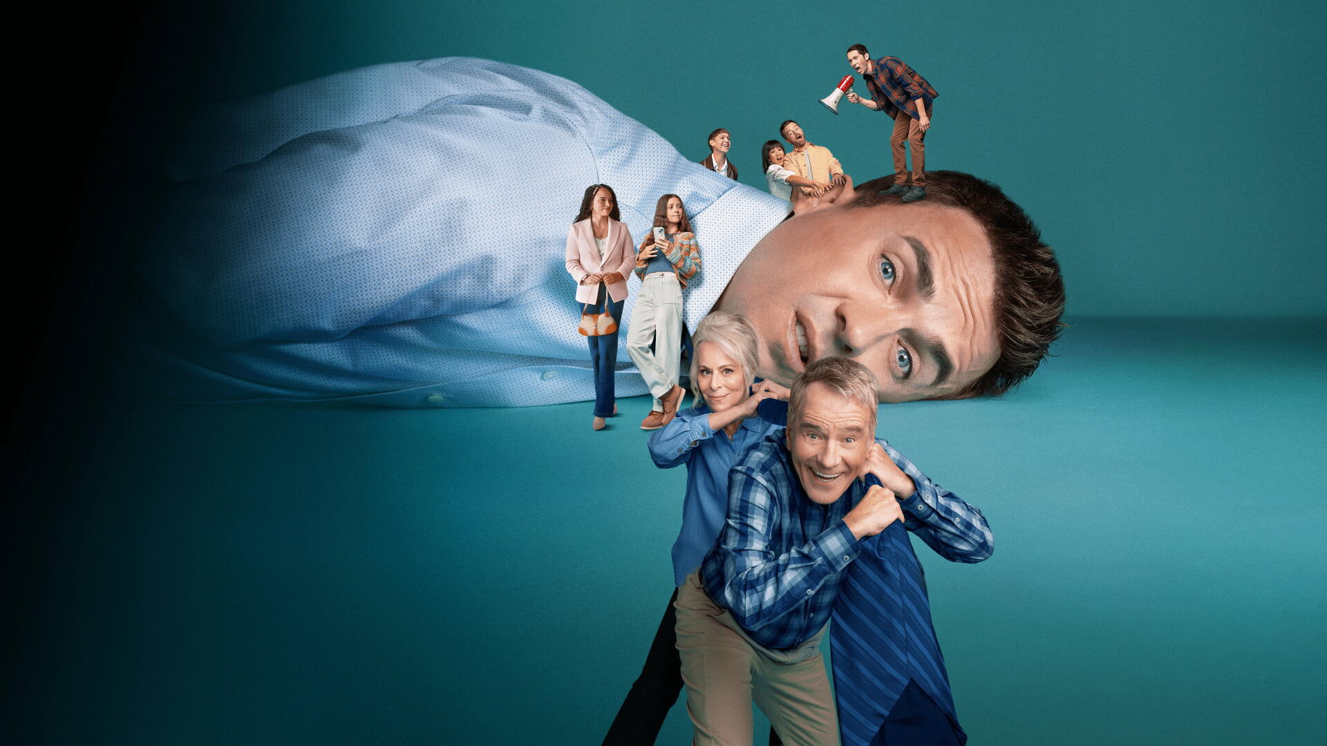 Malcolm in the Middle: Life's Still Unfair 4K Ultra HD PC desktop wallpaper — oversized father's head on its side with the family posed along his neck against a teal background.