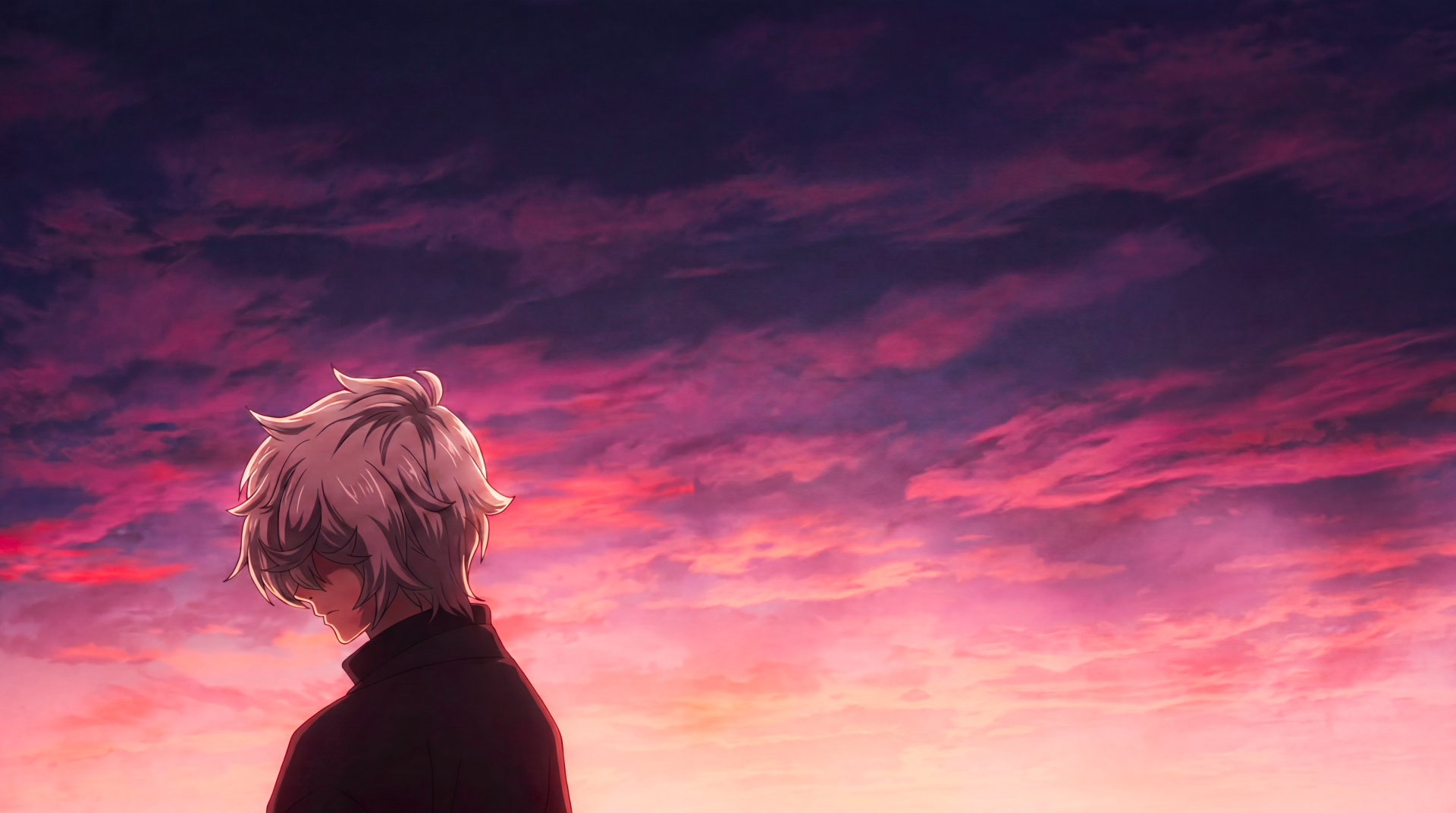 Gabimaru from Hell's Paradise gazes at a vivid pink-purple sunset; 5K Ultra HD PC desktop wallpaper and background, anime style.