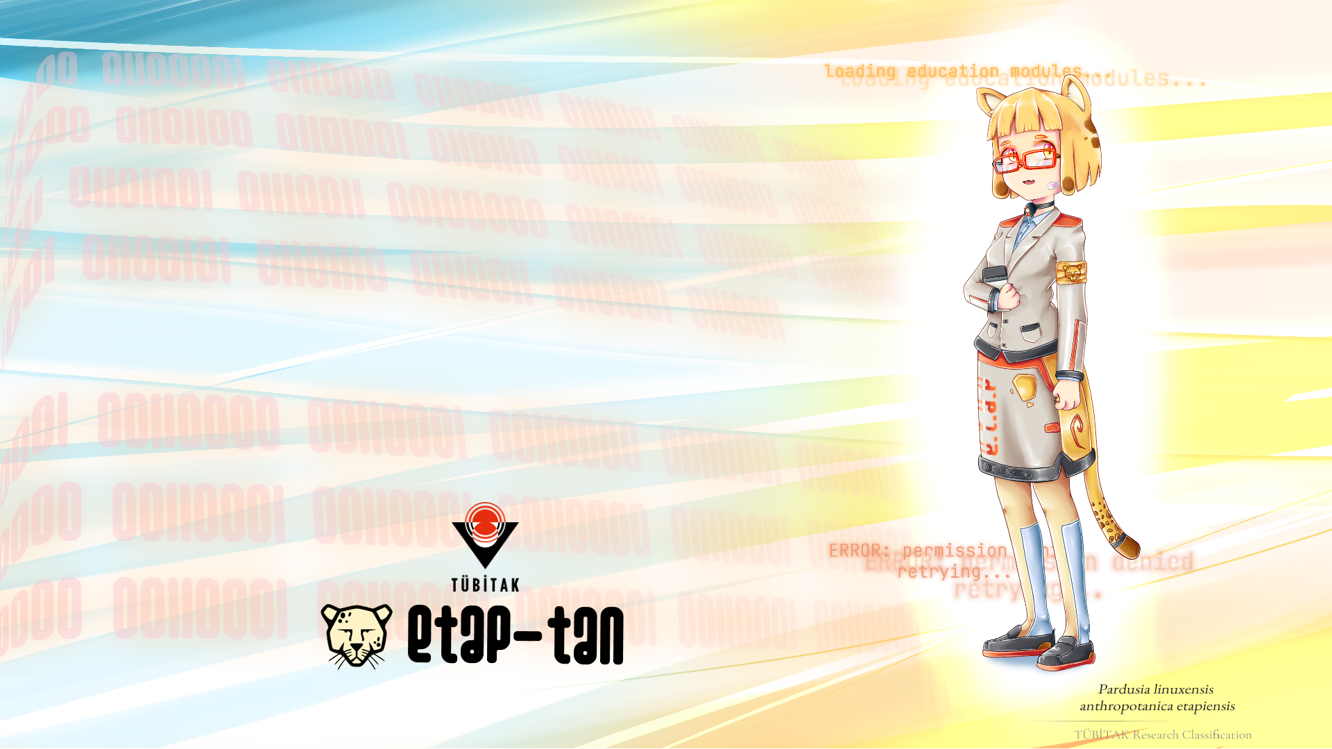 HD PC desktop wallpaper of Pardus OS-tan (Linux) anime cat-girl in uniform with tail, eyepatch and logos on a bright pastel streaked background