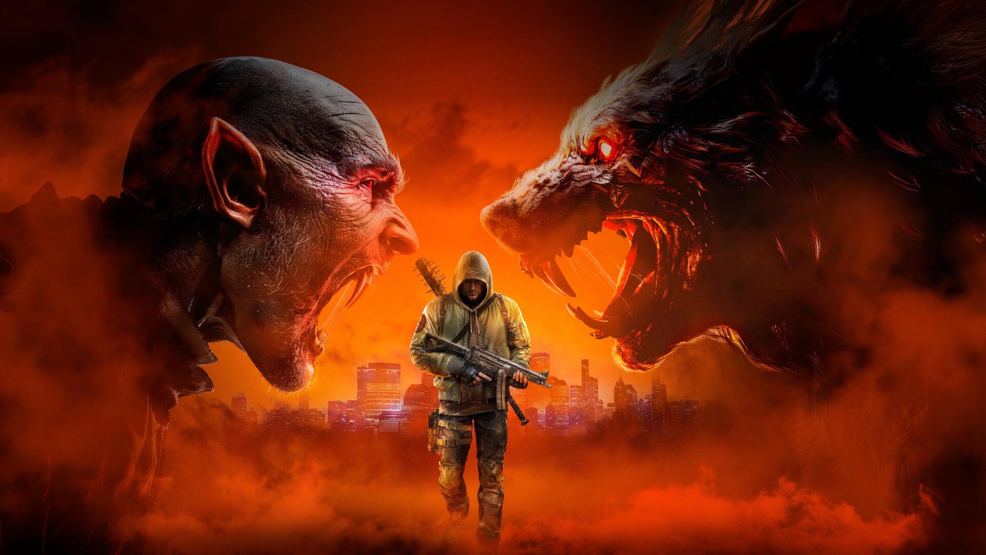 4K Ultra HD PC desktop wallpaper: lone hooded hunter with rifle walks through a fiery cityscape between snarling werewolf and vampiric faces — video game RPG, Hunter: The Reckoning.